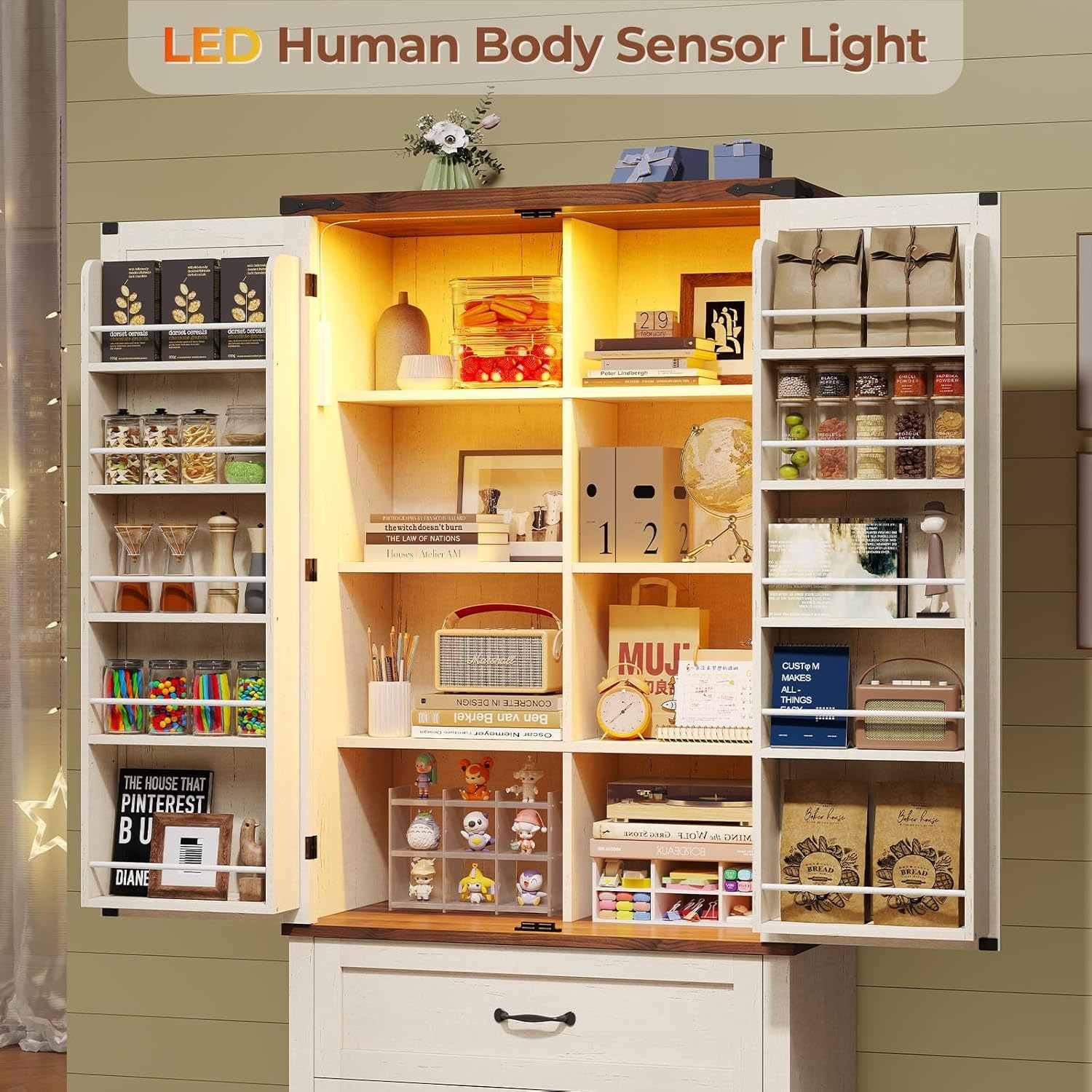 Sikaic Pantry Cabinet 71 Inches Kitchen Pantry Cabinet with Drawer Old White Brown White / Engineered Wood / Modern
