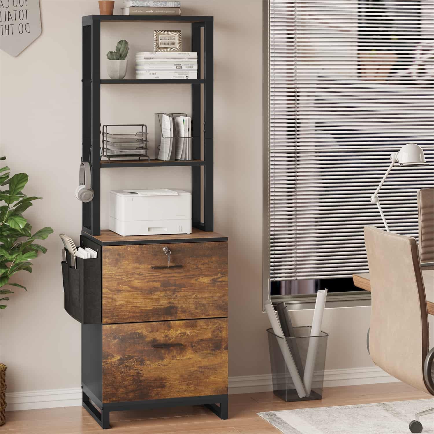 Sikaic File Cabinet 2 Drawers File Cabinet with Lock Storage Bag Open Shelf and Hook Brown