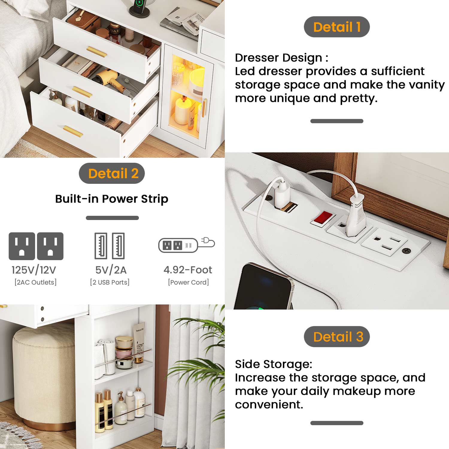 Sikaic Makeup Vanity LED Makeup Vanity Dresser with Mirror and Charging Station & 5 Drawers Cabinet Storage White