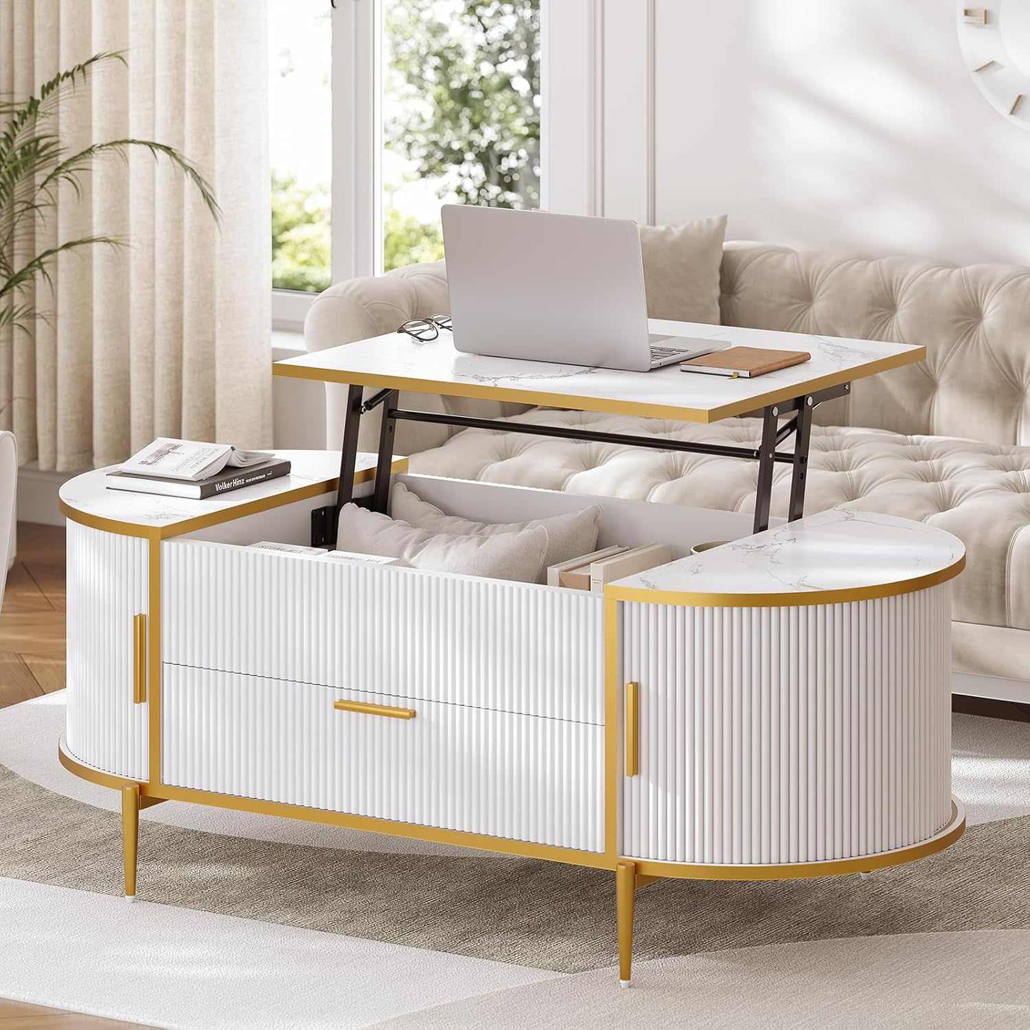 Sikaic Coffee Table Fluted Lift Top Coffee Table with Storage White White / Engineered Wood / Modern