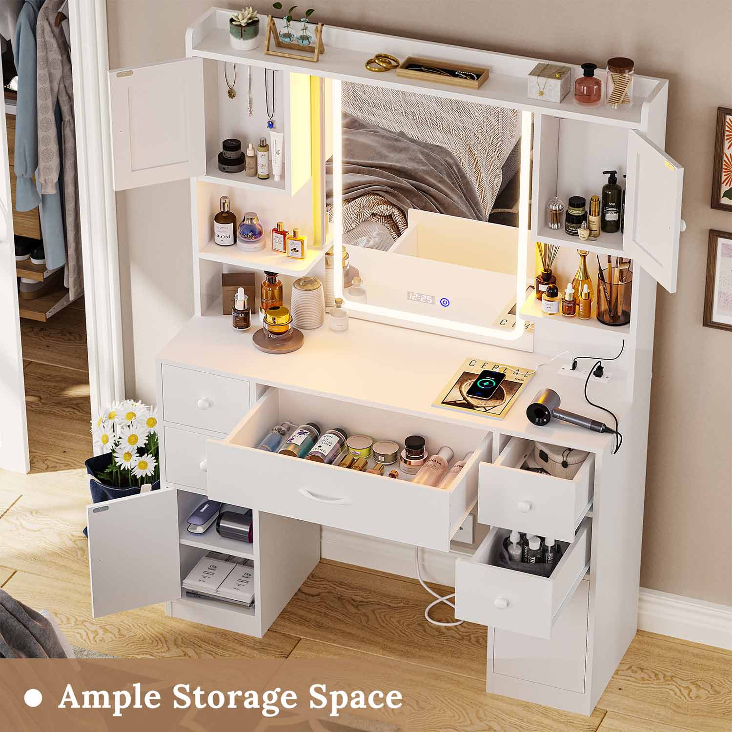 Sikaic Makeup Vanity LED Makeup Vanity With Outlet Smart Mirror Drawers White