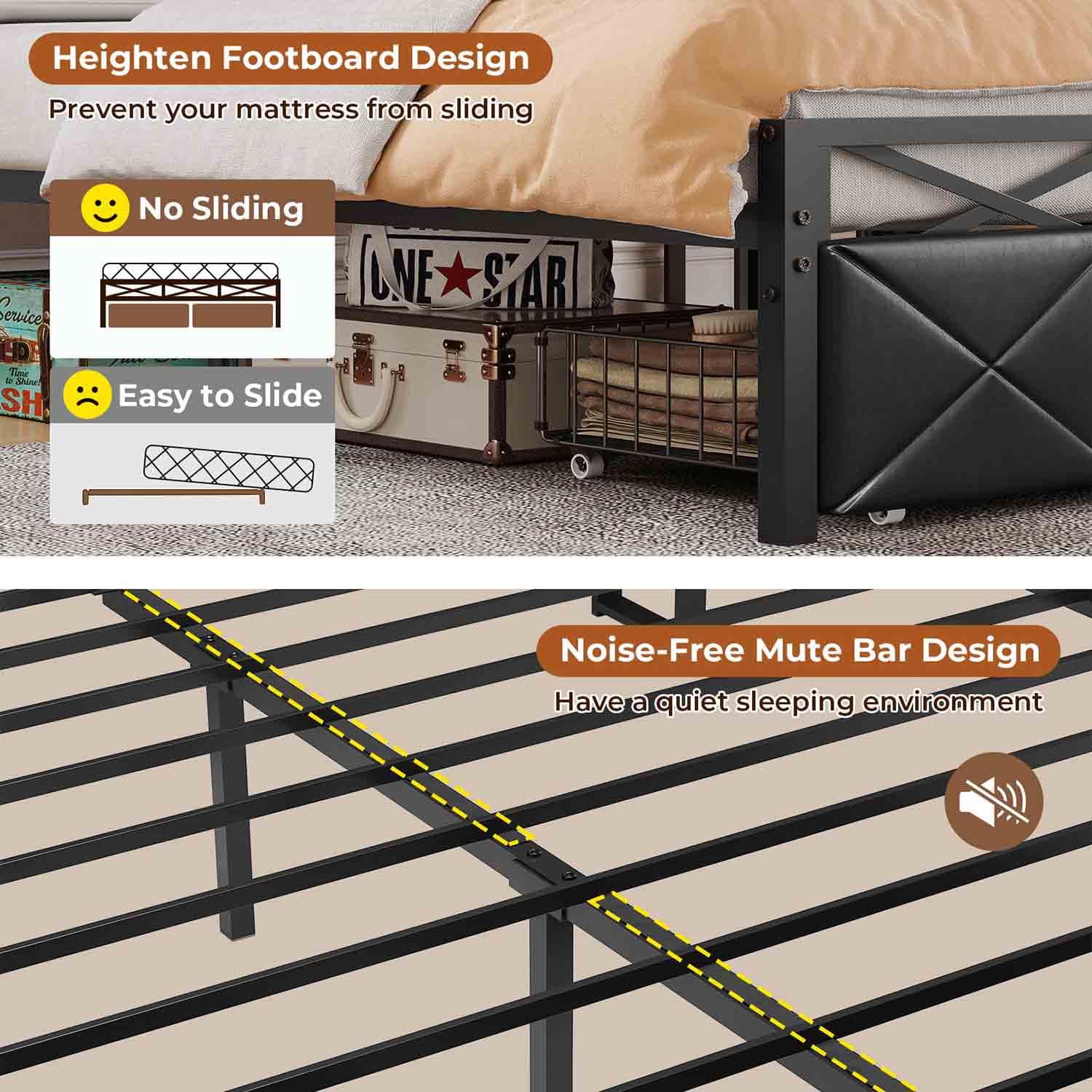 Sikaic Bed Frame LED Metal Bed Frame Storage Headboard with Charging Station Black