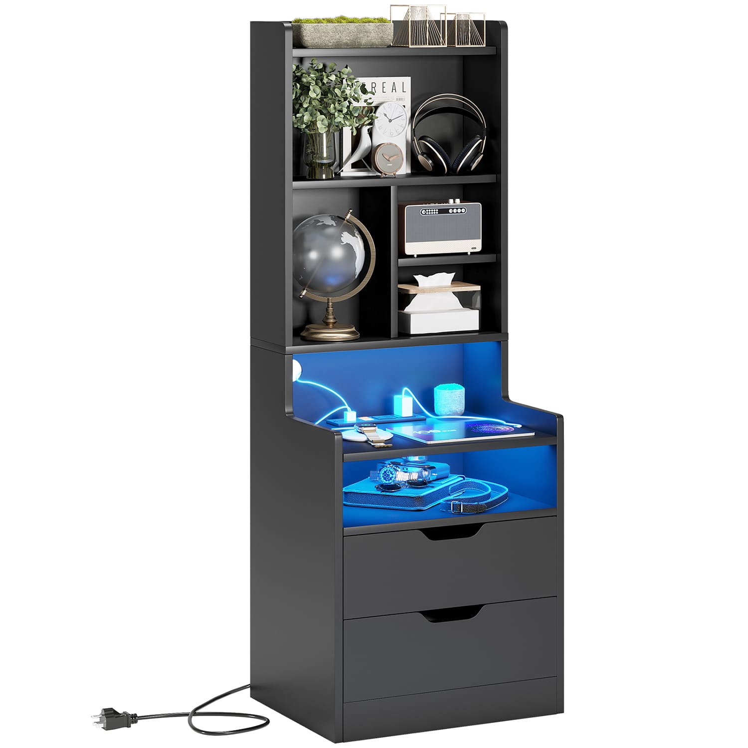Sikaic Nightstand LED Nightstand with Bookshelf Charging Station Black
