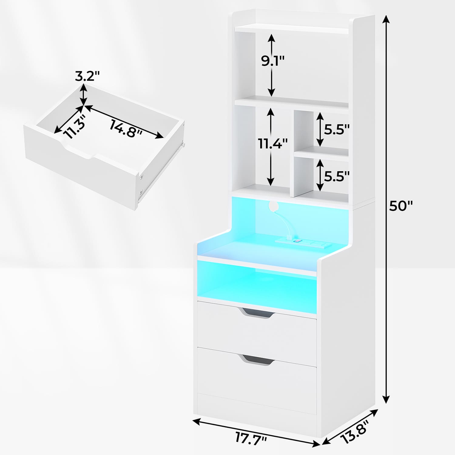 Sikaic Nightstand LED Nightstand with Bookshelf Charging Station White