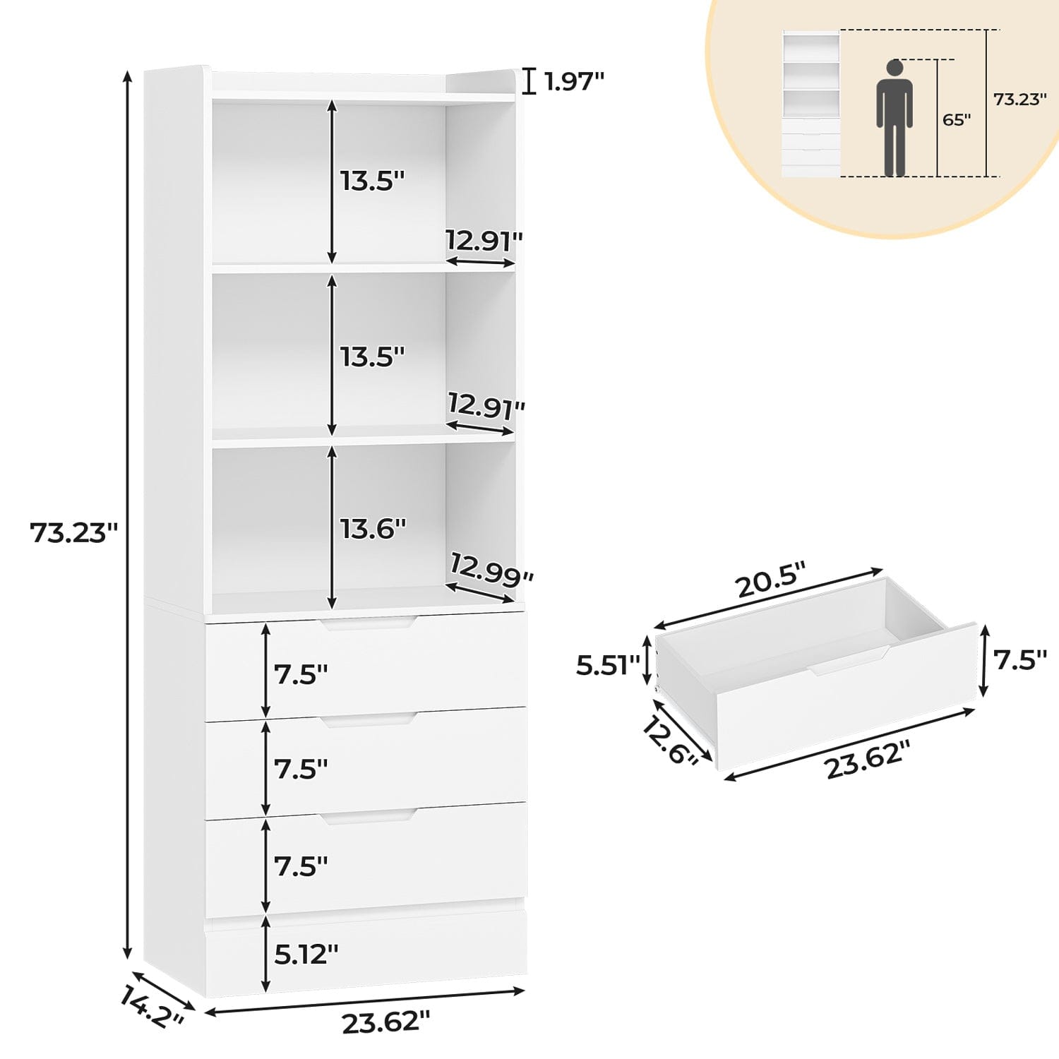 Sikaic Storage Cabinet 73 Inches Versatile Tall Cabinet with 3 Drawers and 3-Tier Open Shelves White