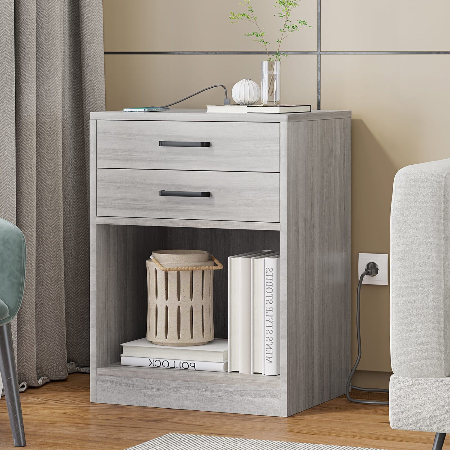 Sikaic 2Pcs Nightstand with Charging Station Drawers Bedside Table Grey