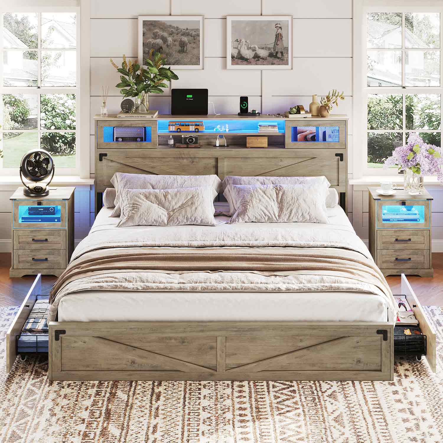 Sikaic Bed Frame Farmhouse Wooden Platform Bed Frame with Bookcase Sliding Door Headboard Drawers LED Lights Charging Station Rustic Oak