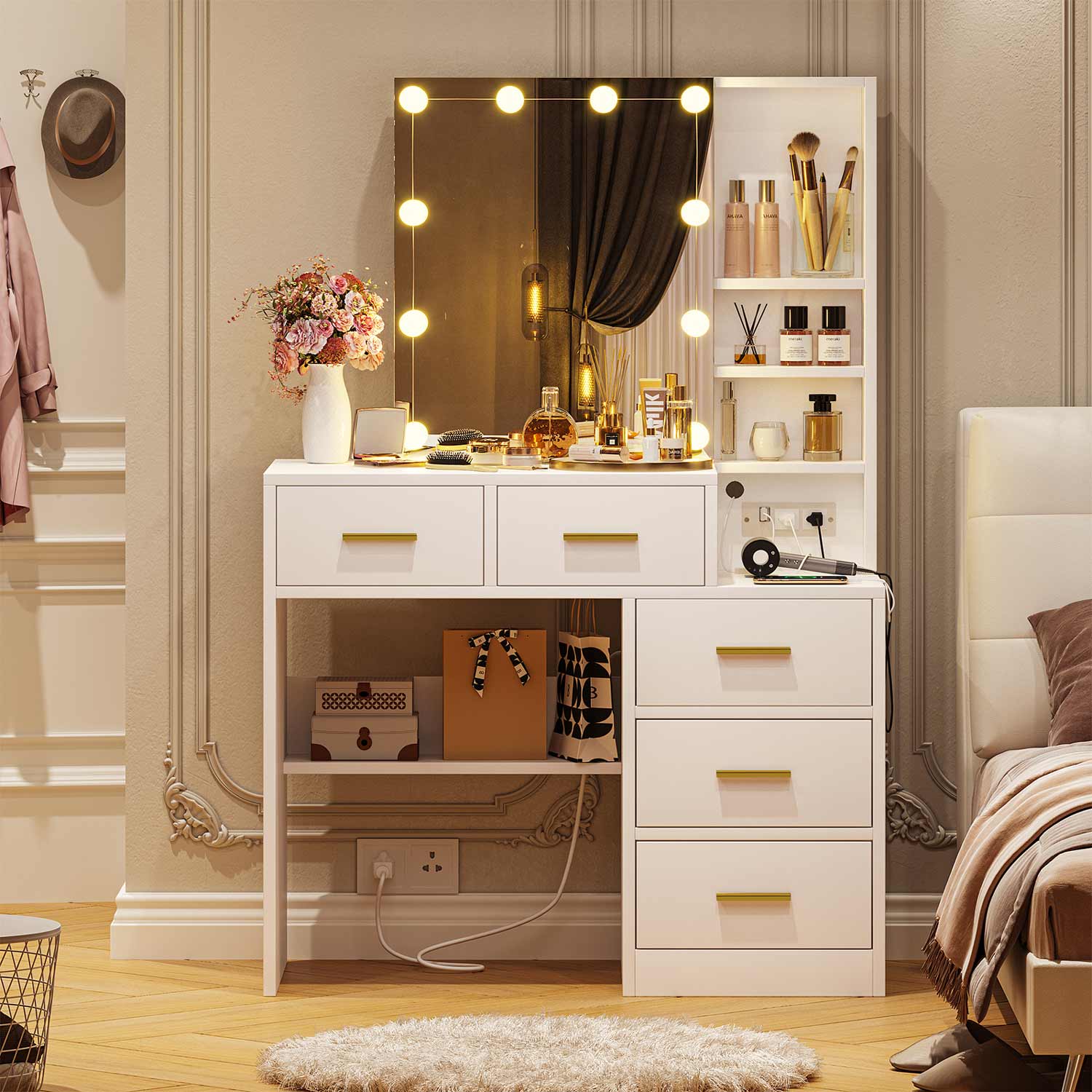 Sikaic Makeup Vanity 5 Drawers LED Makeup Vanity Desk with Sliding Mirror Charging Station Hidden and Open Storage Shelves White