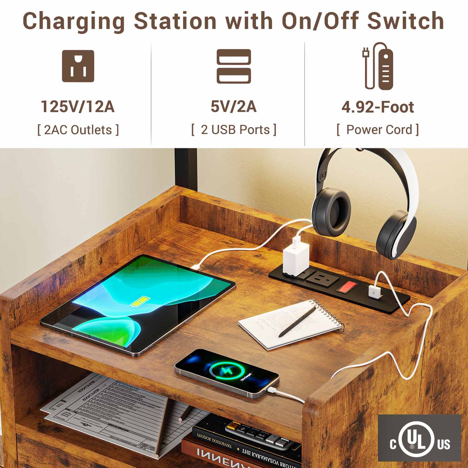 Sikaic Nightstand LED Nightstand with Charging Station & Shelf Brown