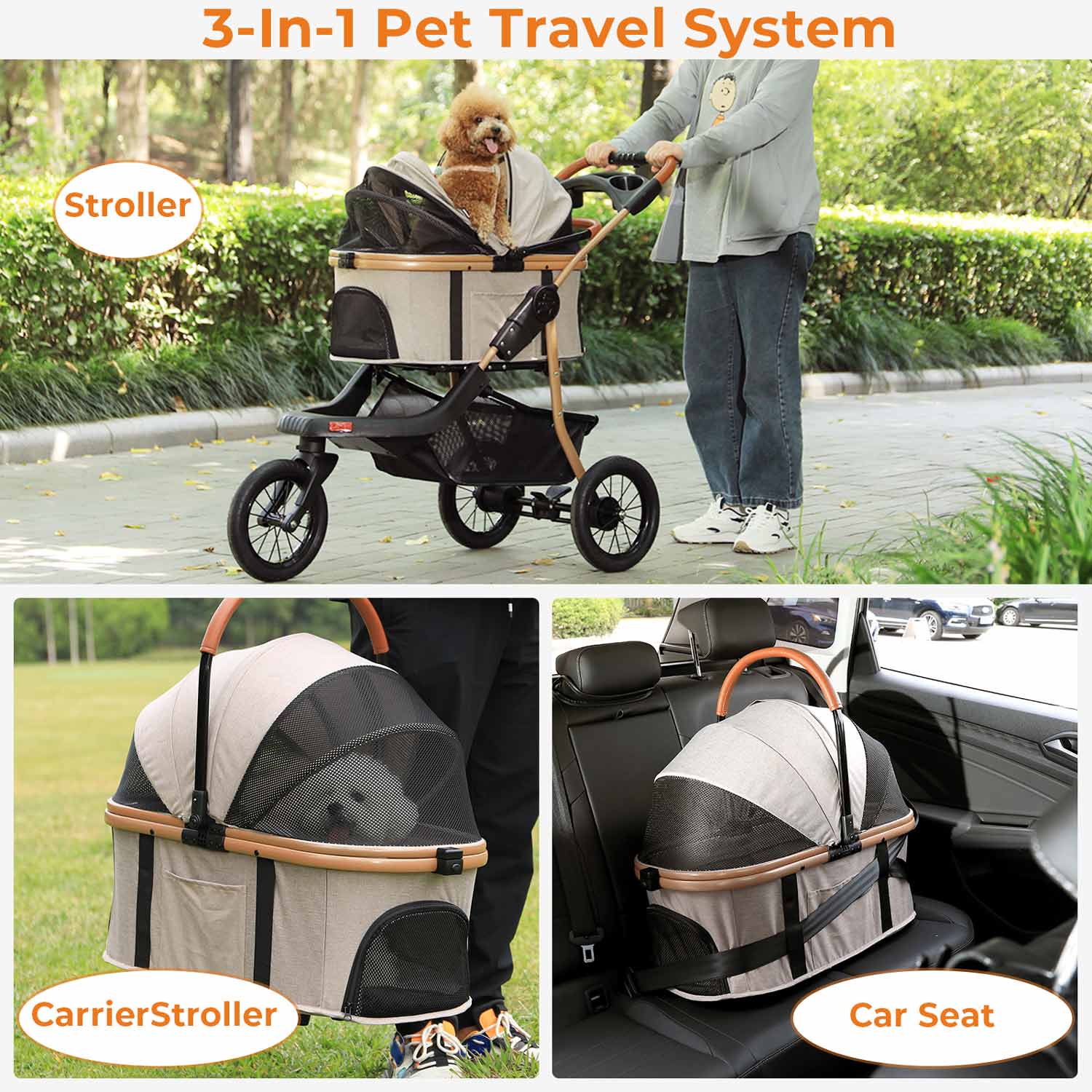 Sikaic Pet Stroller Pet Stroller Folding Traveling Strolling Cart Light Khaki