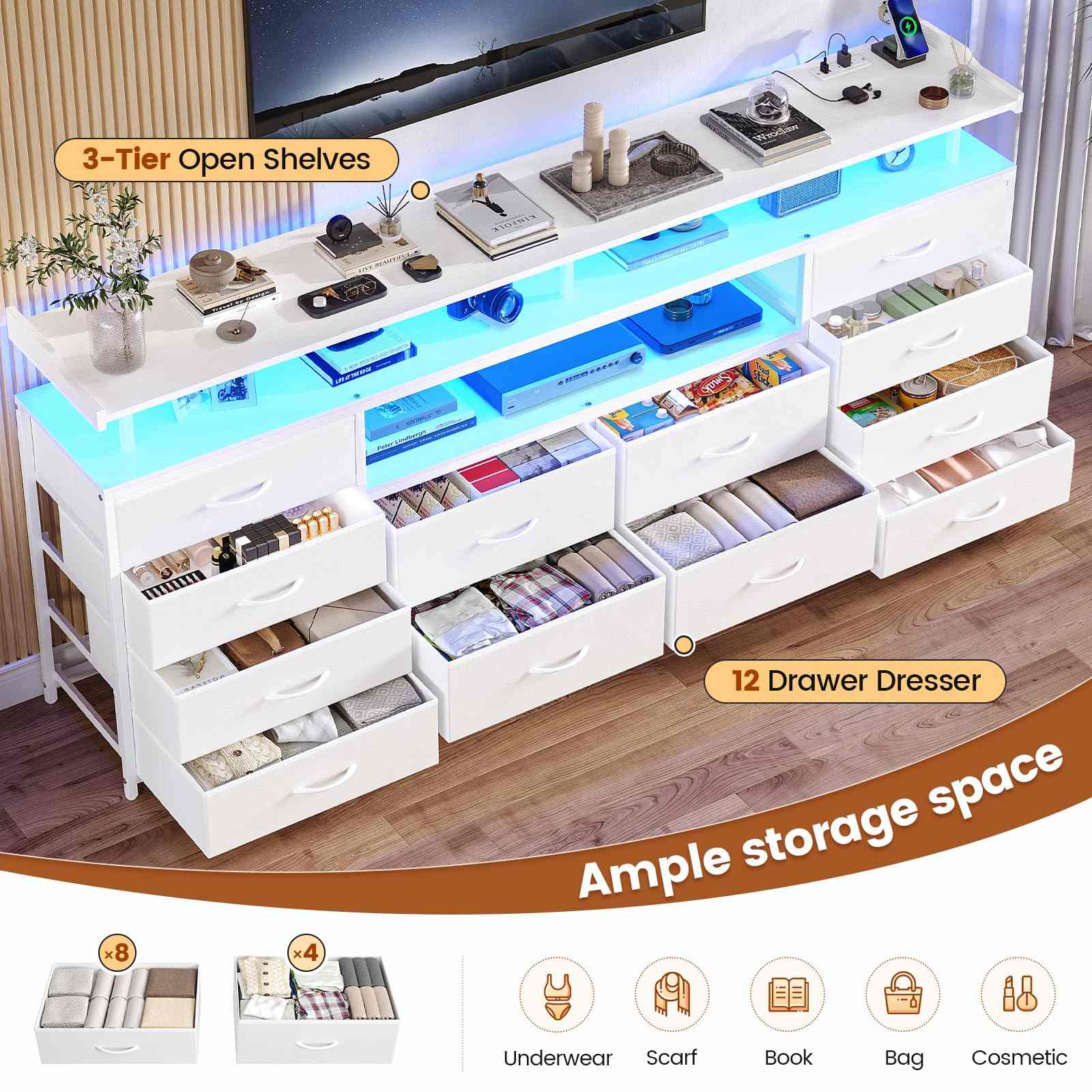 Sikaic TV Stands 63 Inches TV Stand Dresser with LED Lights and Charging Station White White / Engineered Wood / Modern