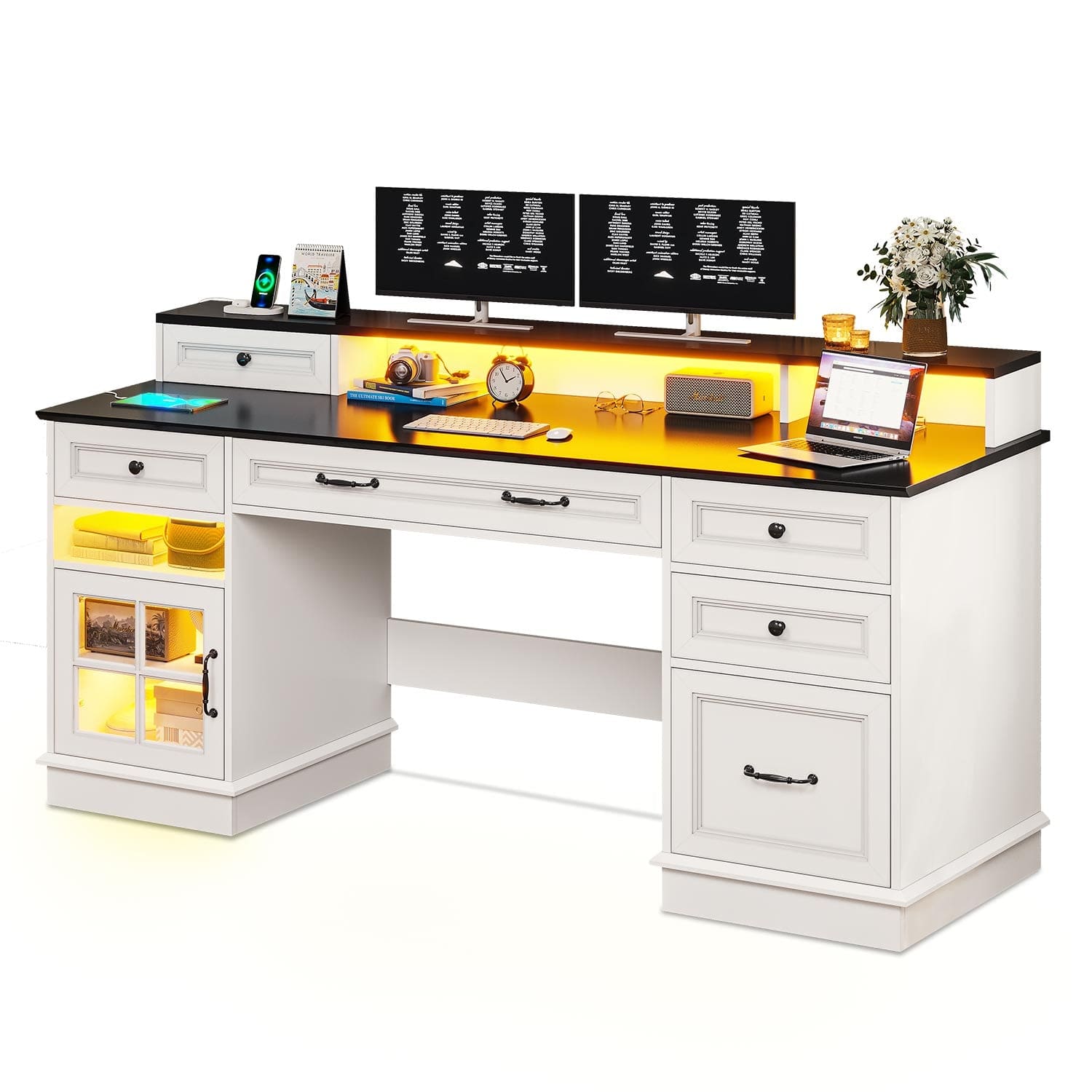 Sikaic Gaming Desk Executive Gaming Desk with LED Lights White White / Engineered Wood / Modern