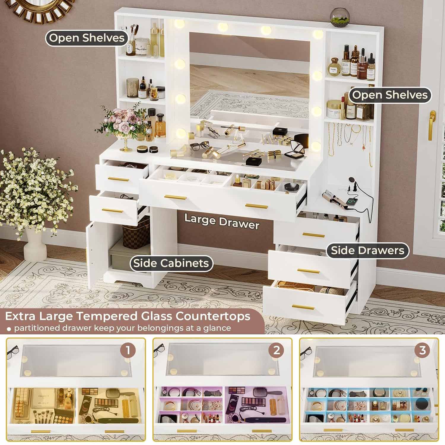 Sikaic Makeup Vanity 48.8 Inches Large Makeup Vanity Desk with Lighted Mirror & Power Outlet Glass Tabletop Bedroom Dressing Table White