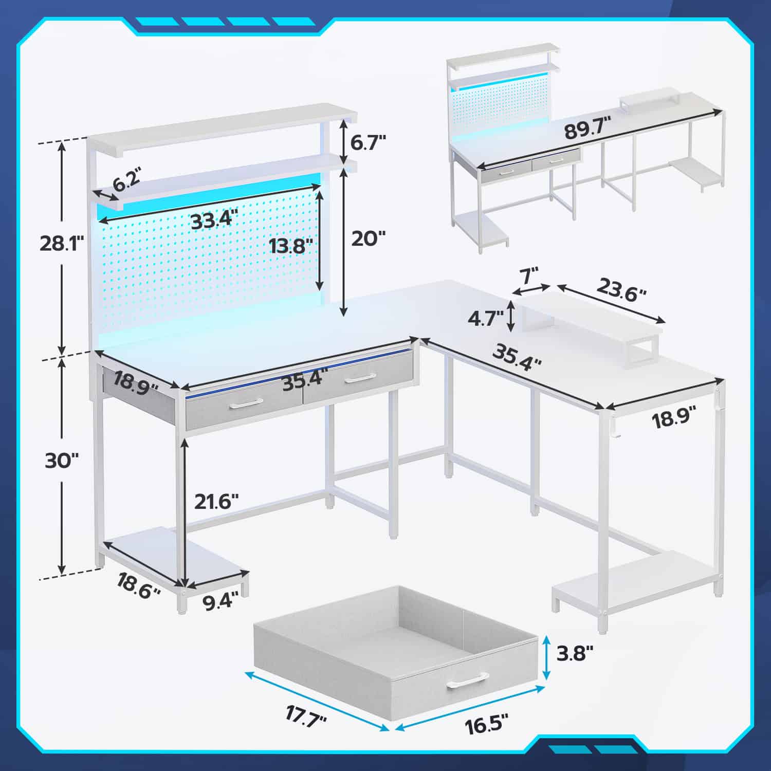 Sikaic Gaming Desk L Shaped Reversible LED Gaming Desk with Hutch Pegboard and Storage Shelves Drawers & Monitor Stand White