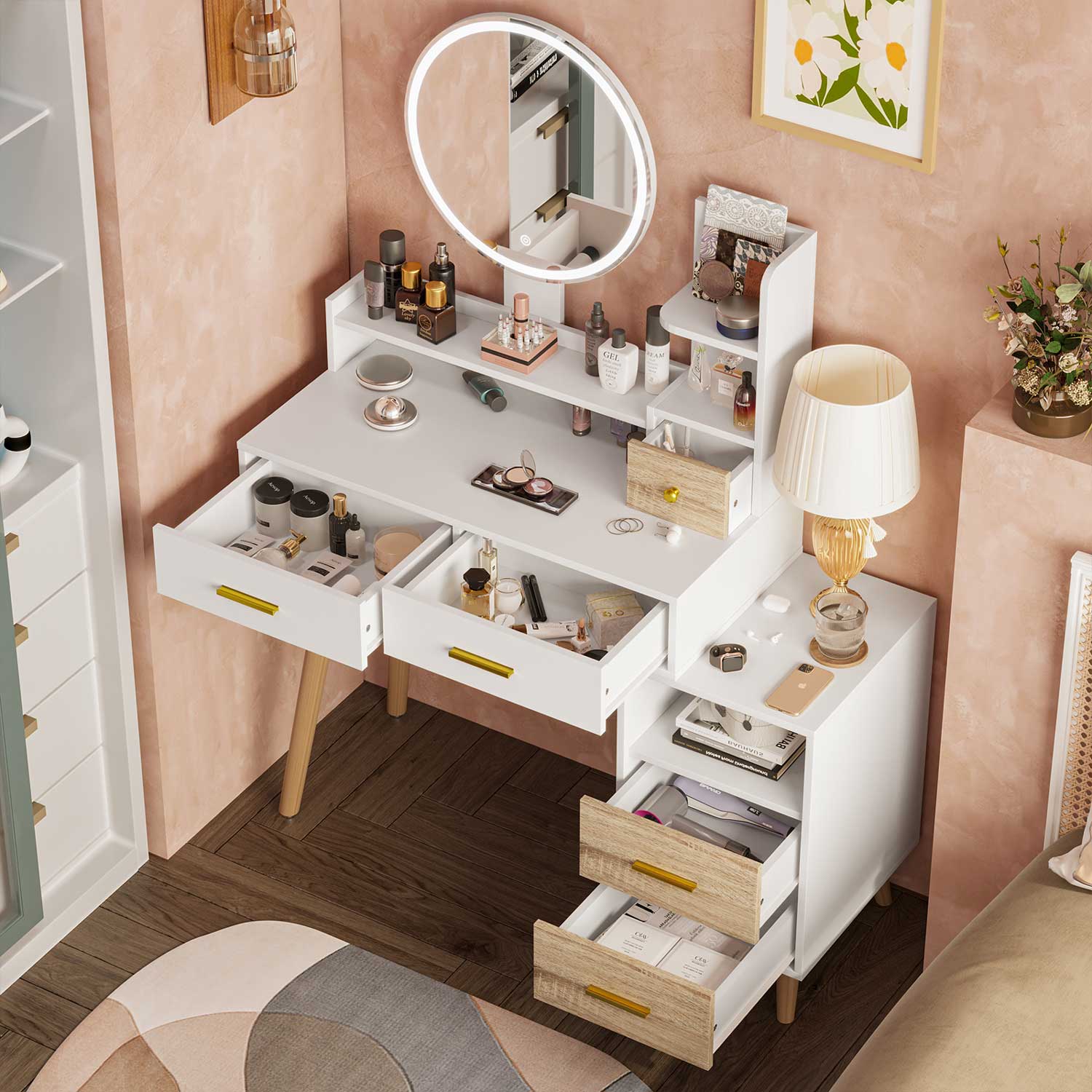 Sikaic Makeup Vanity LED Touch Screen Makeup Vanity Mirror with Nightstand and Open Shelves Storage Drawers White
