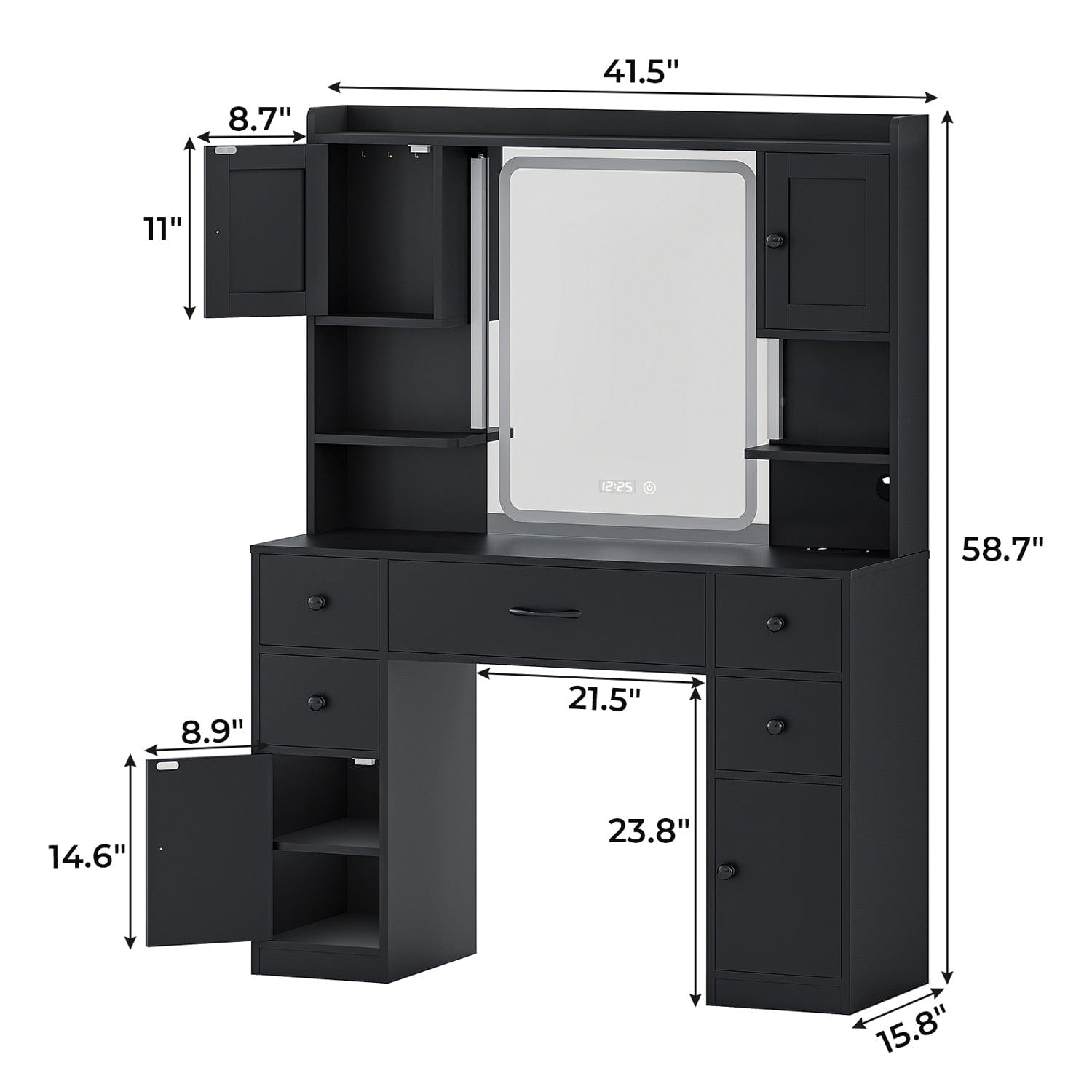 Sikaic Makeup Vanity Makeup Vanity Desk with Charging Station Mirror & Time Display & Ambient Light 5 Drawers & 4 Storage Cabinets Black