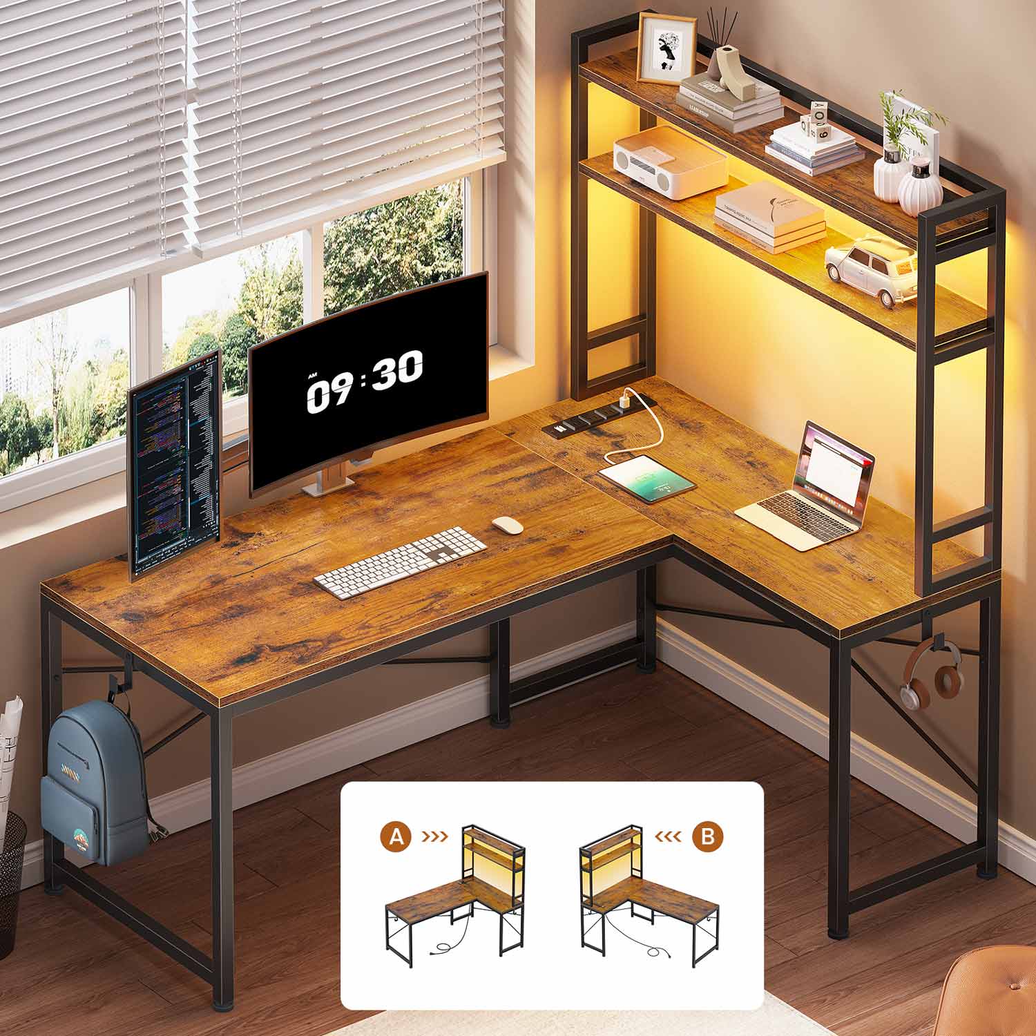 Sikaic Gaming Desk 45.3 inches LED Reversible L Shaped Gaming Desk with Hutch Power Outlet Storage Shelves  and Hooks Brown
