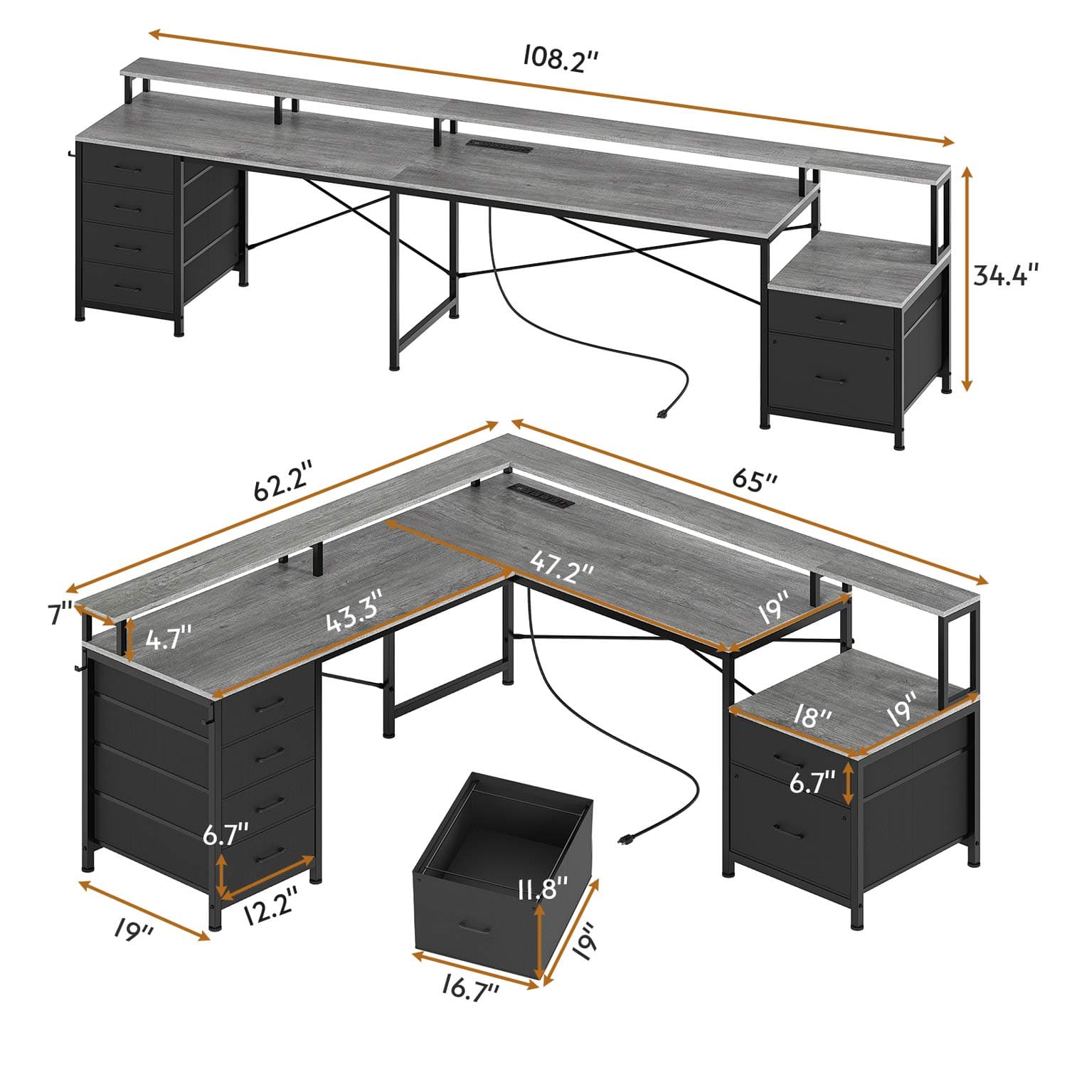 Sikaic Gaming Desk 108 Inches L Shaped  Led Lights Two Person Gaming Desk with 6 Drawers File Drawer & Power Outlet Monitor Shelf File Cabinet Grey