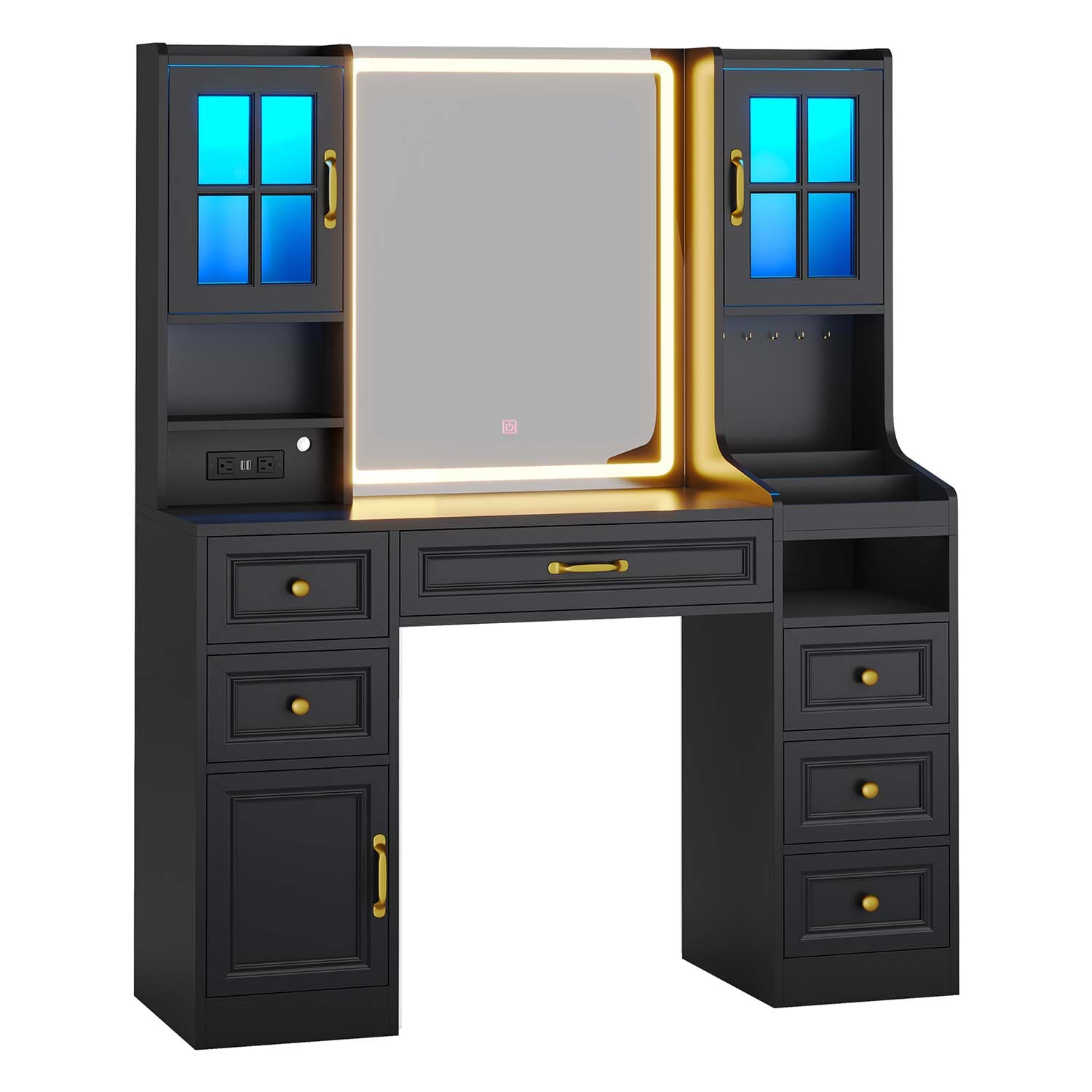 Sikaic Makeup Vanity LED Mirror Makeup Vanity with Charging Station and 6 Drawers & 7 Shelves Black Black / Engineered Wood / Modern
