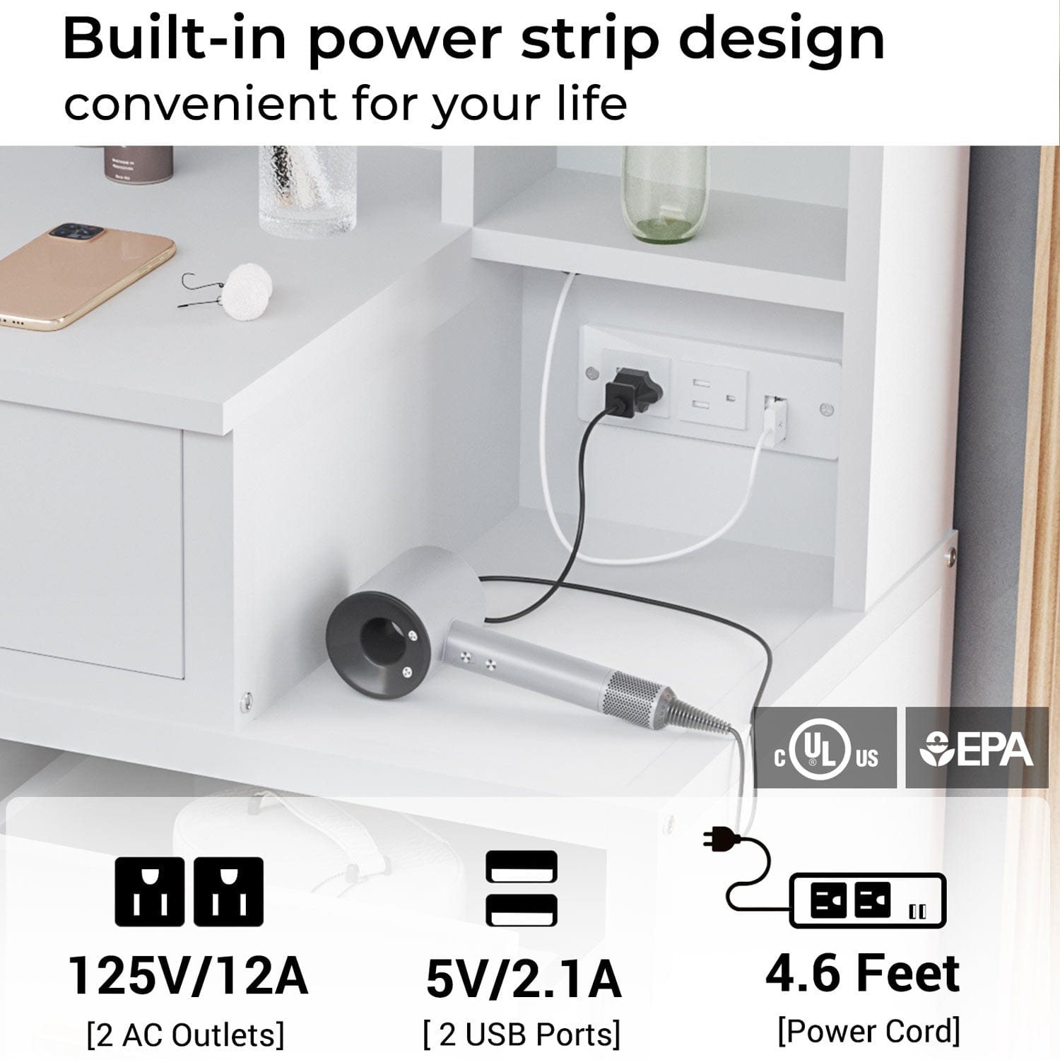 Sikaic Makeup Vanity Makeup Vanity with Lights Charging Station Mirror Drawers White