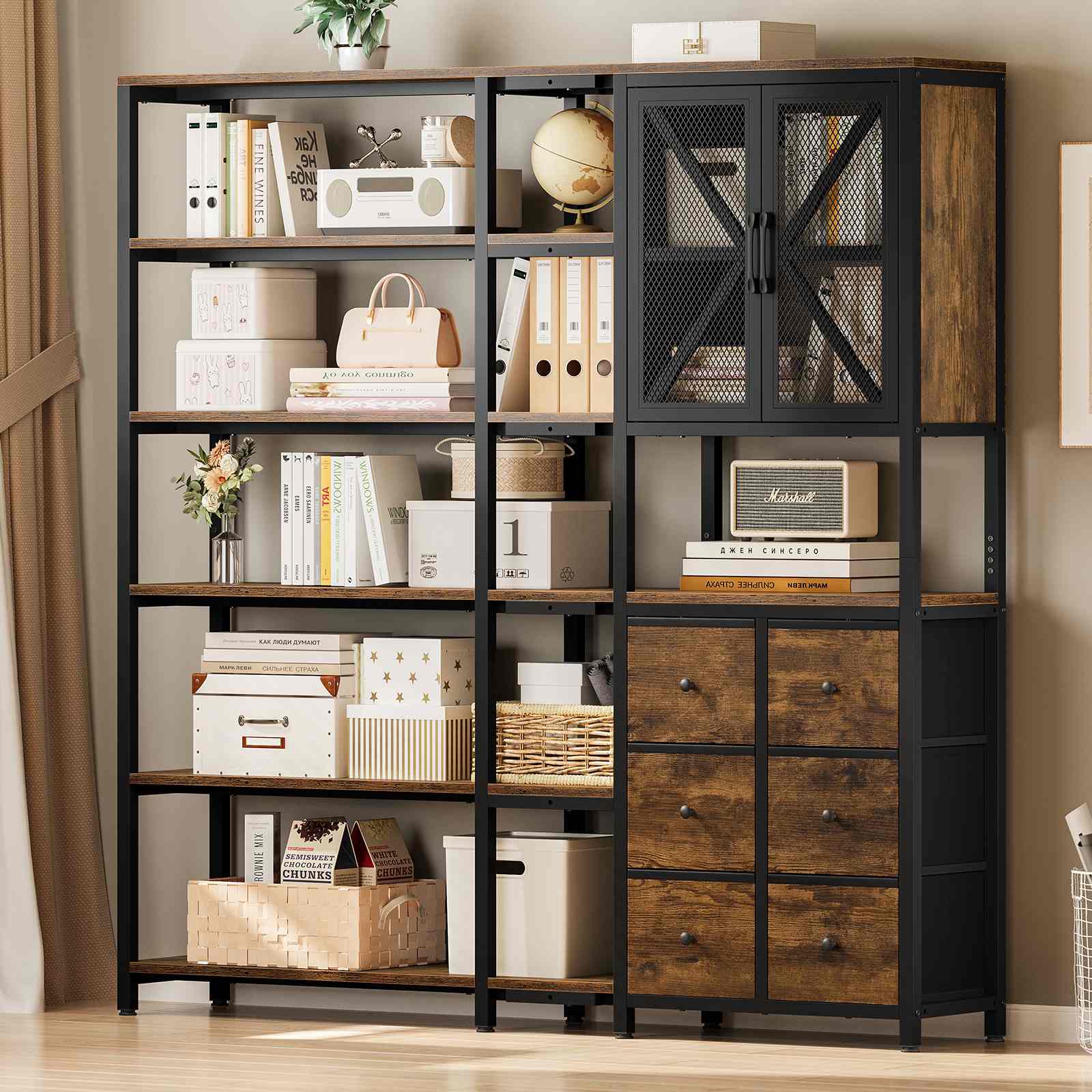 Sikaic Bookshelf 6 Tier Industrial Convertible L Shaped Corner Bookshelf with 6 Fabric Drawers Rustic Brown Brown / Engineered Wood / Modern