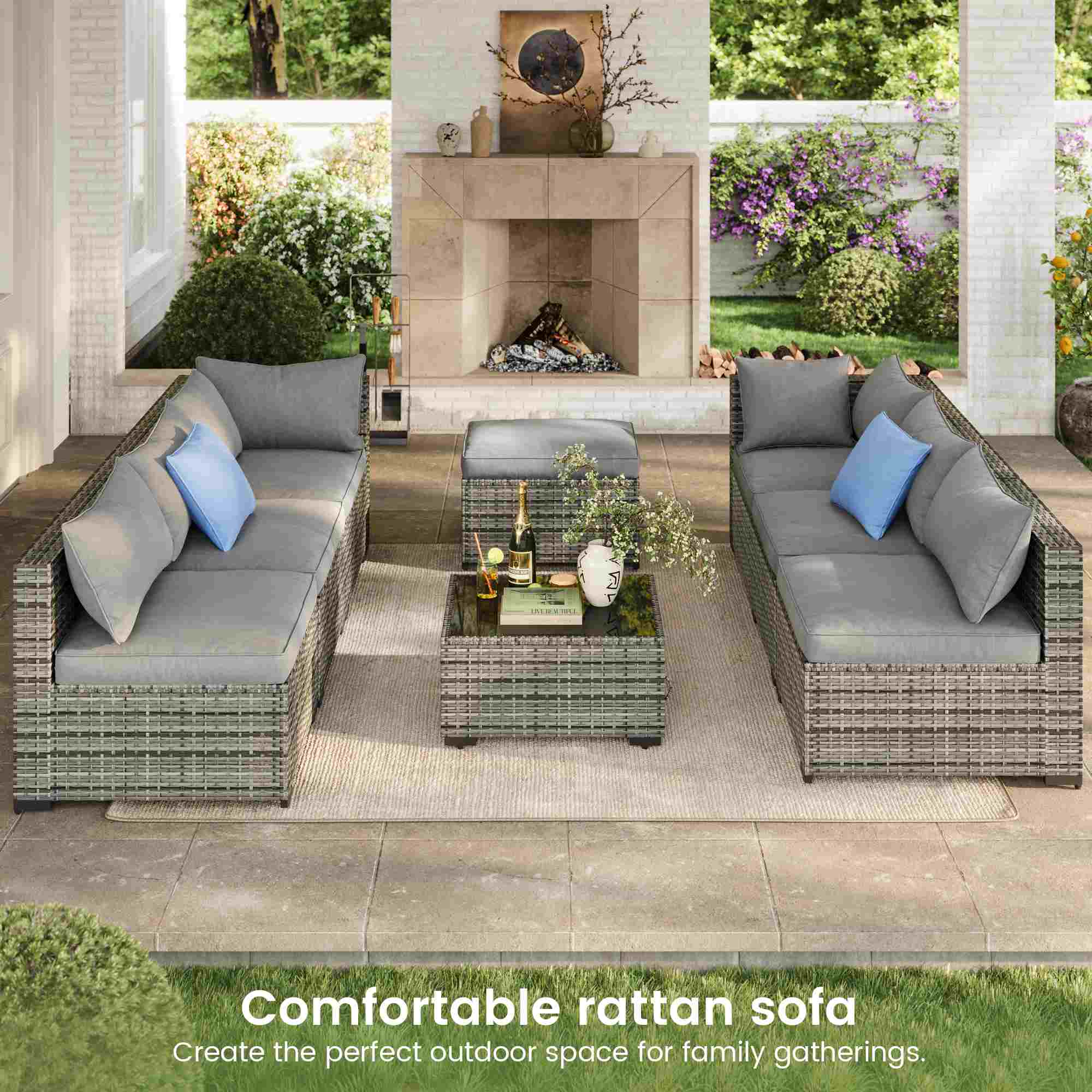 Sikaic Sofa 8PCS 7 Person Rattan Outdoor Sectional Sofa Seating Group Storage Table Set Blue Grey Blue Grey / Metal / Modern
