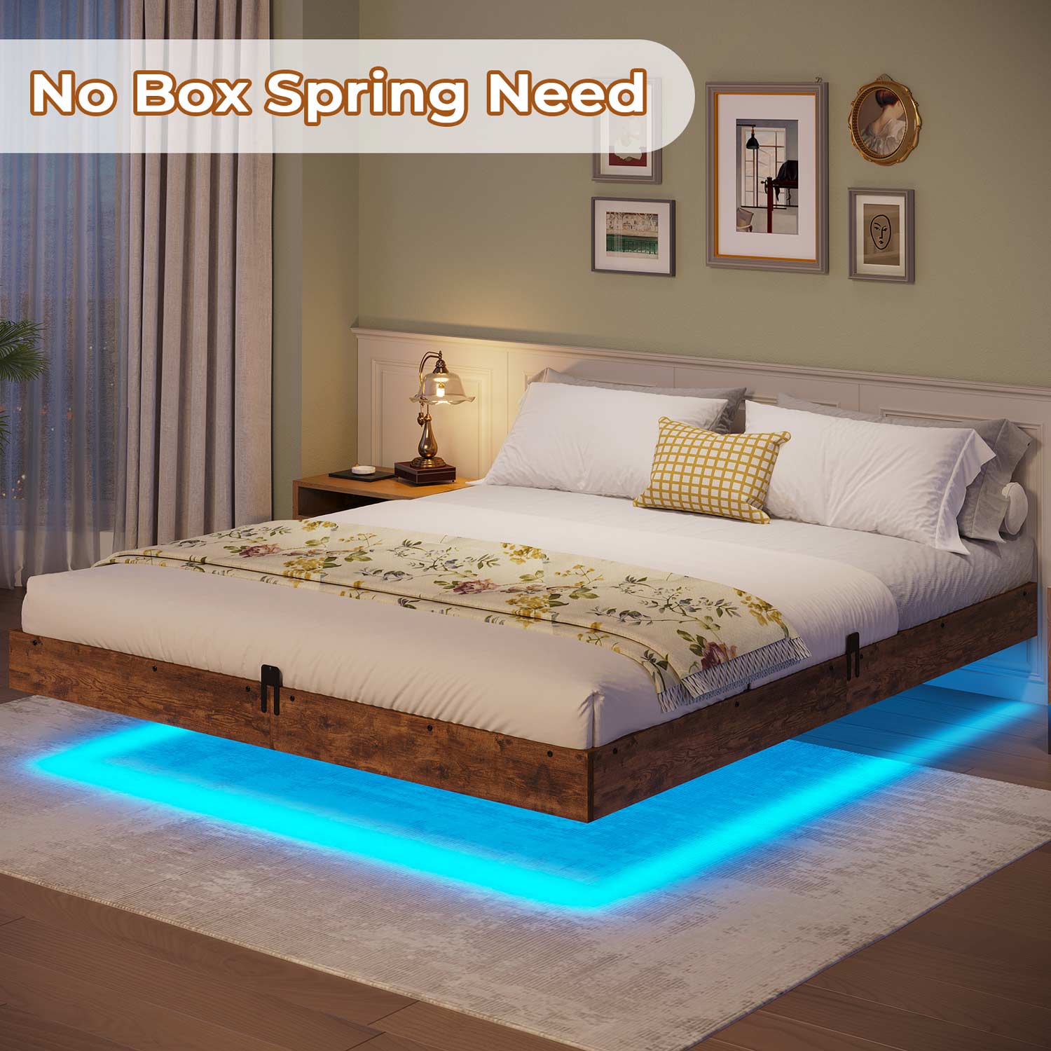 Sikaic Bed Frame Floating Industrial Wooden Metal Platform Bed Frame with LED Lights Noise Free No Box Spring Needed Vintage Brown