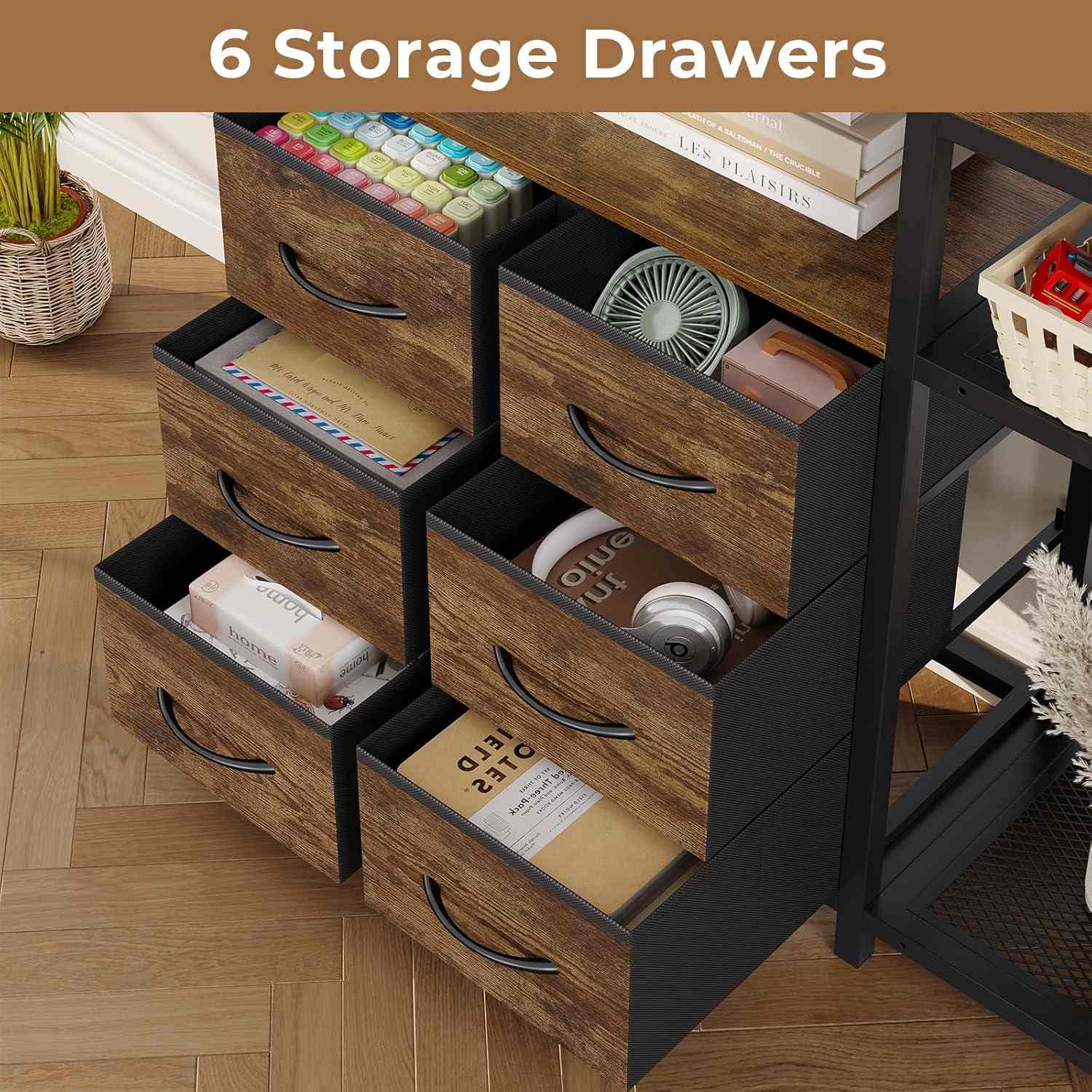 Sikaic Bookshelf 7-Tier Industrial Convertible Bookshelf with 6 Fabric Drawers Rustic Brown Brown / Industrial / Engineered Wood
