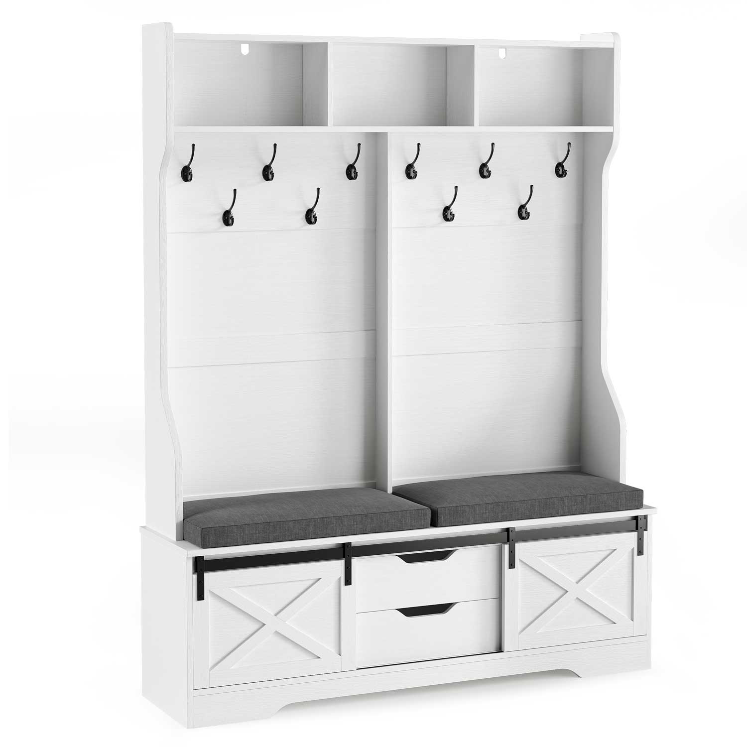 Sikaic Hall Tree 60 Inches Hall Tree with Bench and Shoe Storage White White / Engineered Wood / Farmhouse