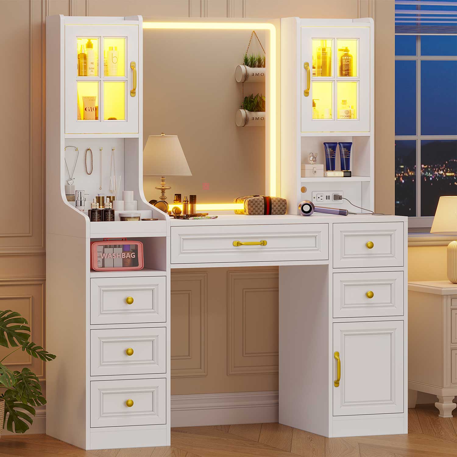 Sikaic Makeup Vanity LED Makeup Vanity with Charging Station White White / Engineered Wood / Modern
