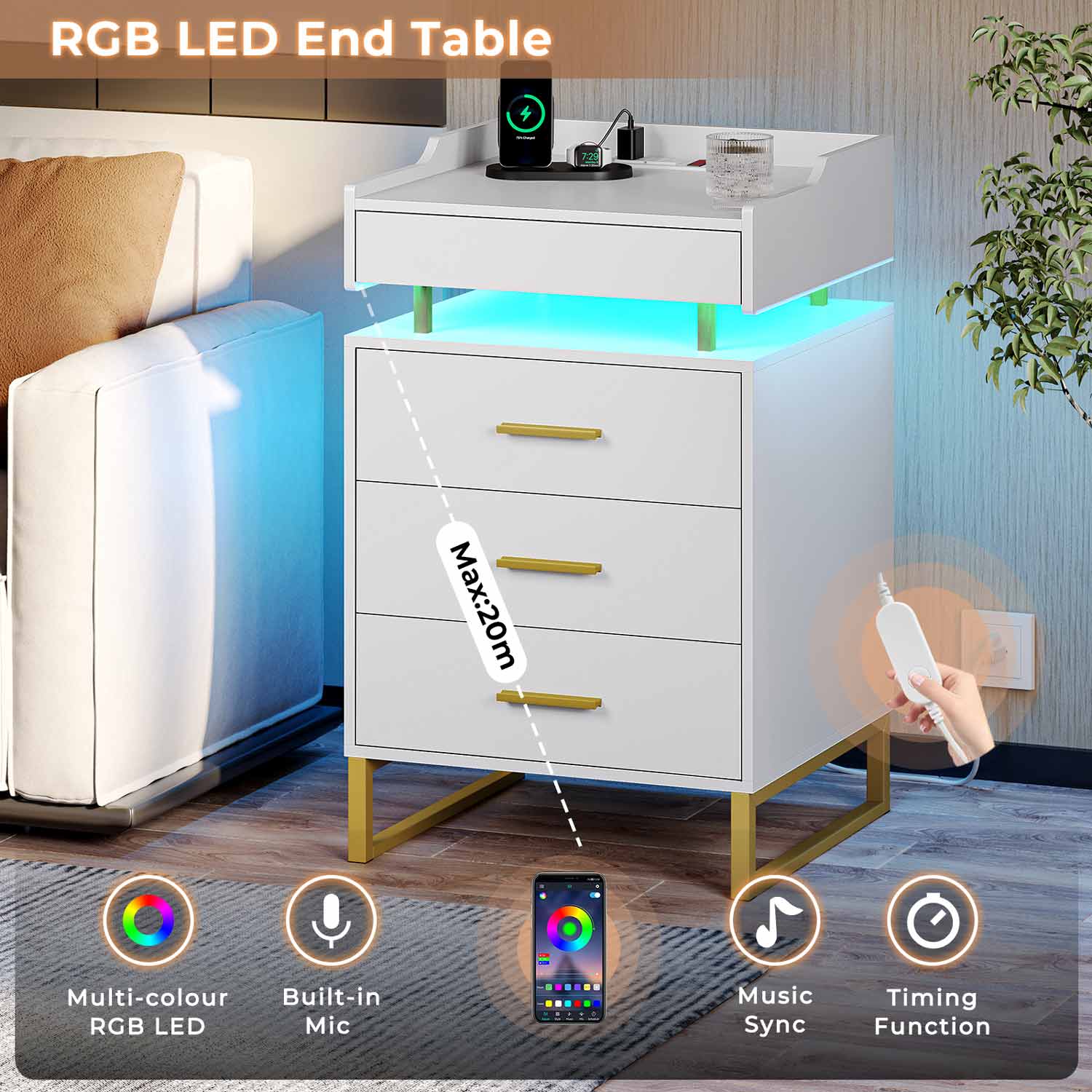 Sikaic Nightstand LED Nightstand with Charging Station and 3 Drawers and 1 Pull-Out Tray White and Gold
