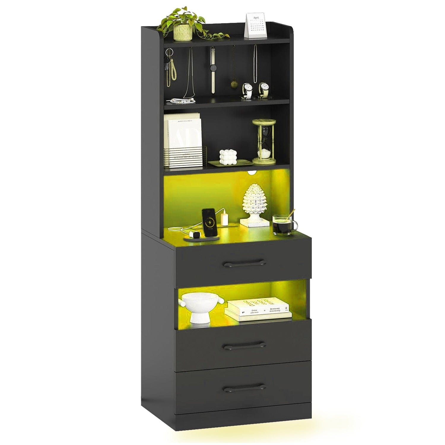 Sikaic Nightstand LED Tall Nightstand with Bookshelf Black Black / Engineered Wood / Modern