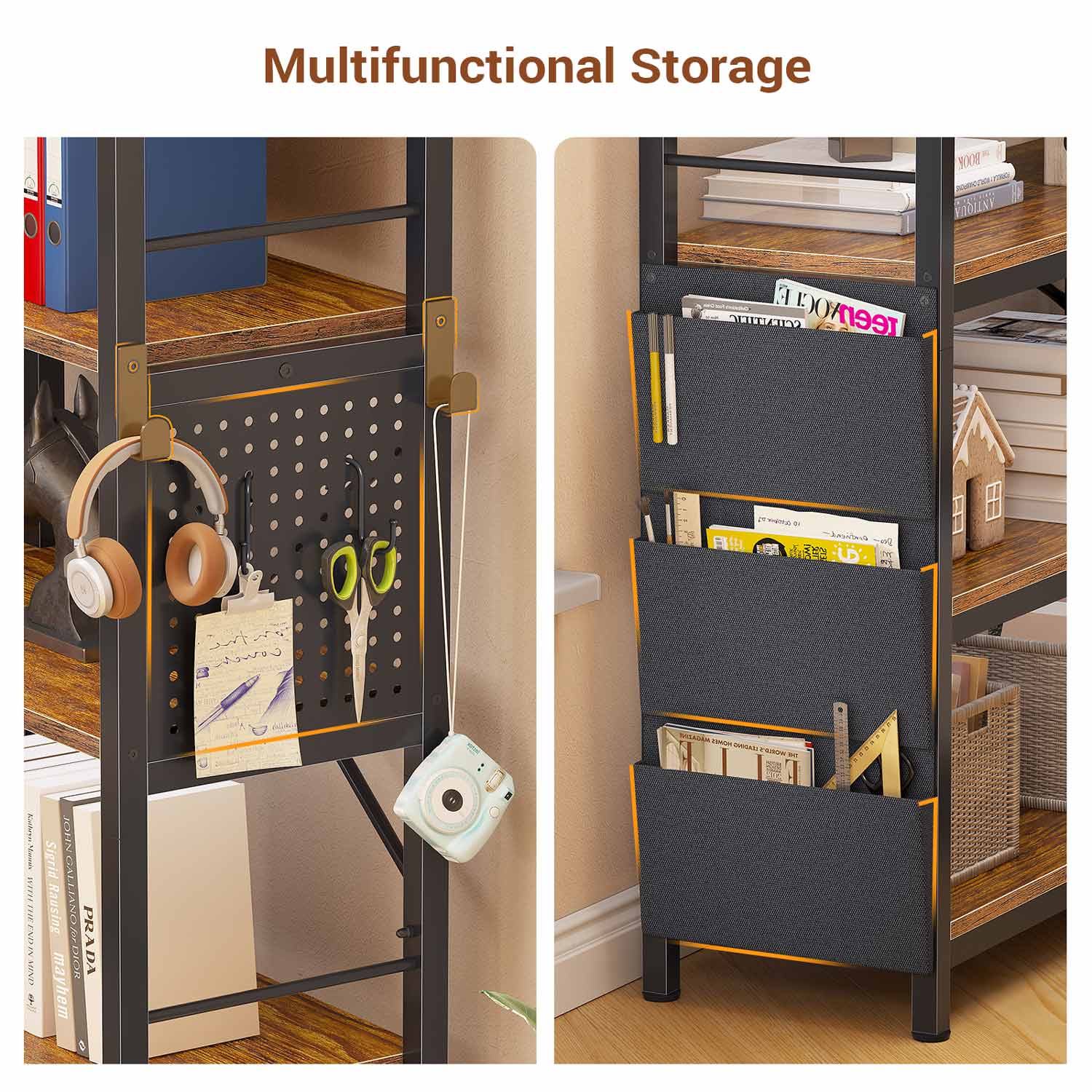 Sikaic Bookshelf 55 Inches Convertible Corner 5-Tier Tall Bookshelf with Pegboard Storage Bag & LED Light for Bedroom Brown