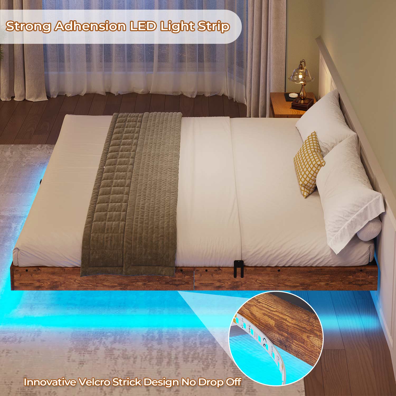 Sikaic Bed Frame Floating Industrial Wooden Metal Platform Bed Frame with LED Lights Noise Free No Box Spring Needed Vintage Brown