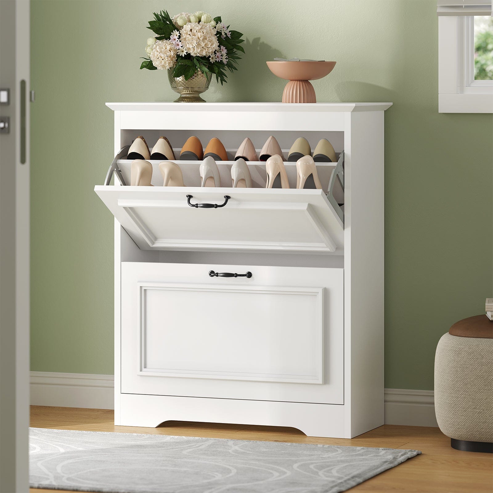 Sikaic Shoe Cabinet Shoe Cabinet with 2 Flip Drawers and Metal Flip Stand White White / Engineered Wood / Modern