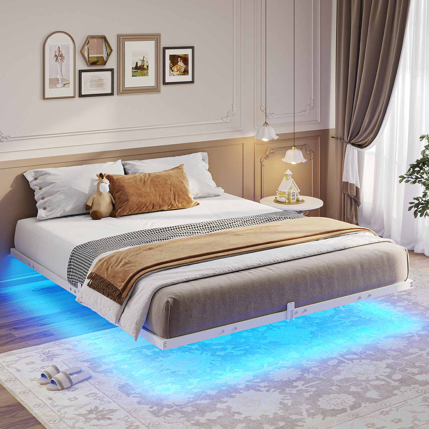 Sikaic Bed Frame Floating Bed Frame with LED Lights Metal Platform No Box Spring Needed White