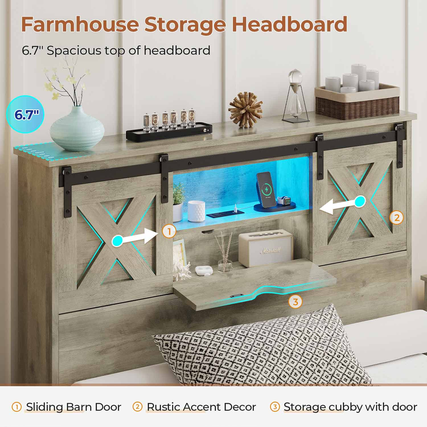 Sikaic Bed Frame Twin Size Bed Frame with 2 Storage Drawers and LED Lights Rustic Oak Grey / Engineered Wood / Farmhouse
