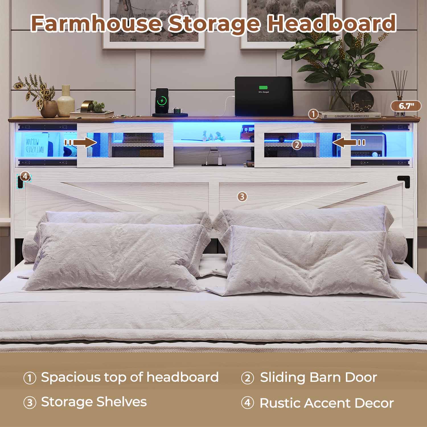 Sikaic Bed Frame Farmhouse Wooden Platform LED Lights Bed Frame with Bookcase Sliding Door Headboard Charging Station and 2 Drawers White