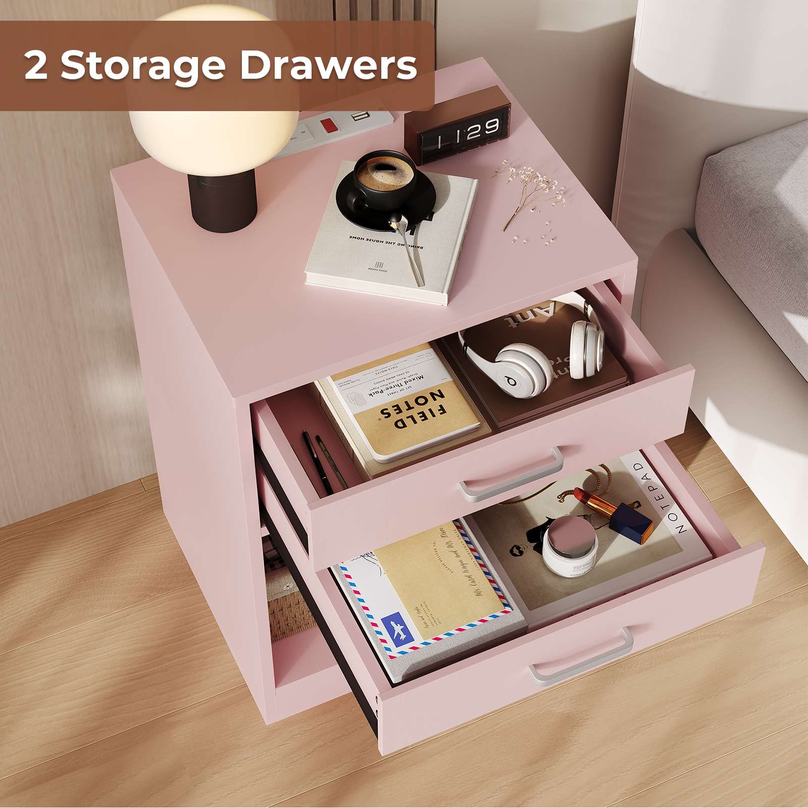 Sikaic Nightstand 2Pcs Nightstand with Charging Station Pink Pink / Engineered Wood / Modern
