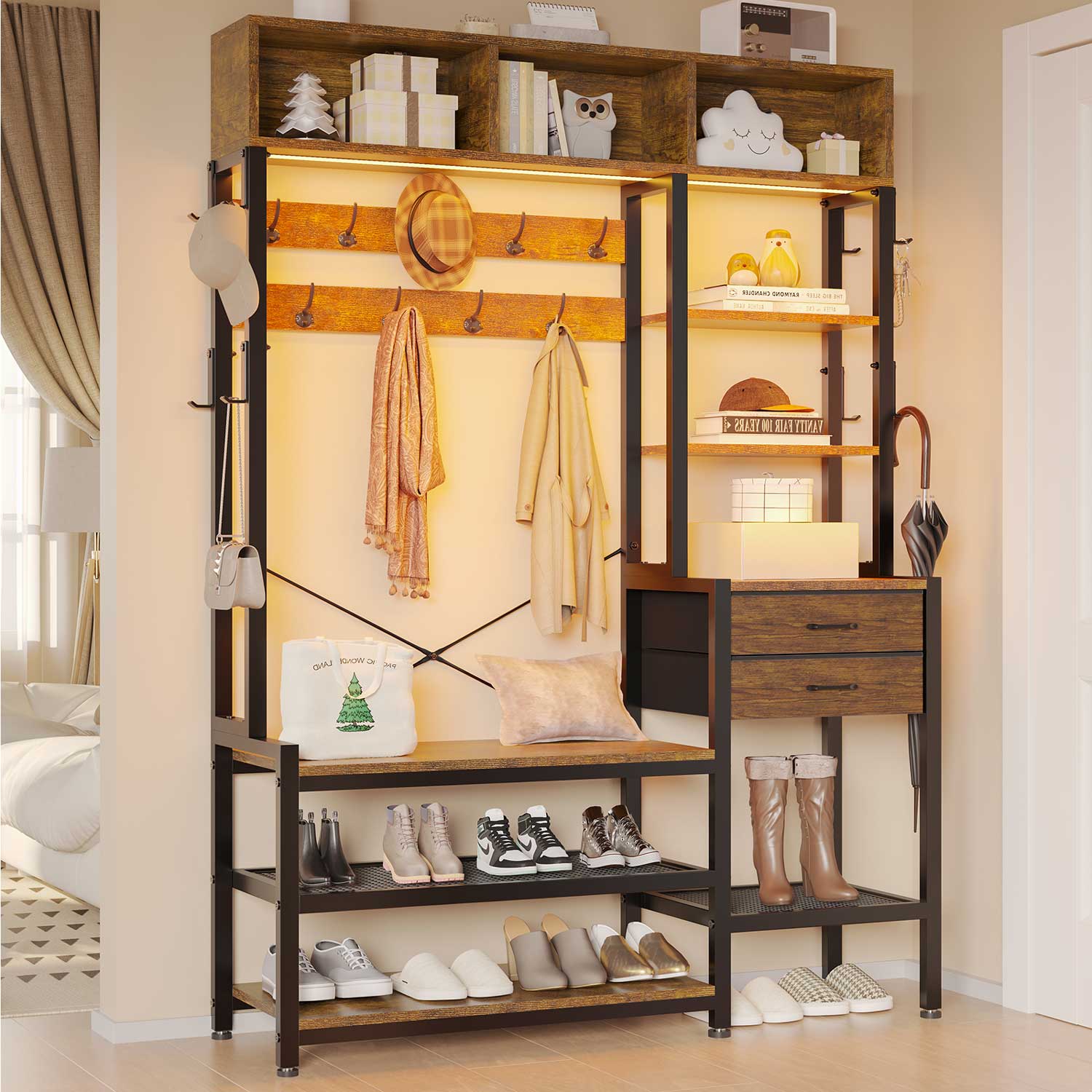 Sikaic Hall Tree Hall Tree with Bench and Shoe Storage Rustic Brown