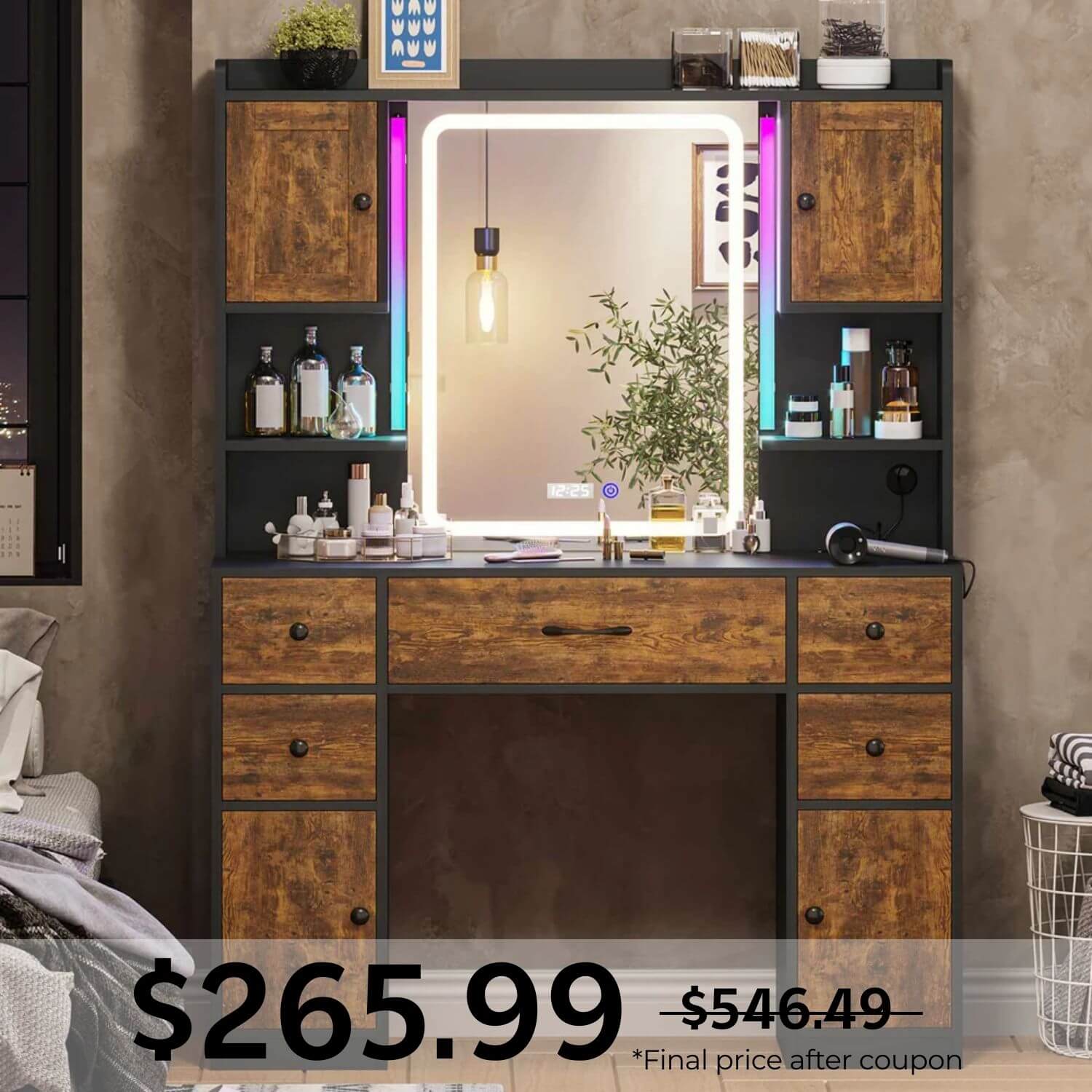 Sikaic Makeup Vanity LED Makeup Vanity with Mirror and Outlet Vintage Brown Vintage Brown / Modern