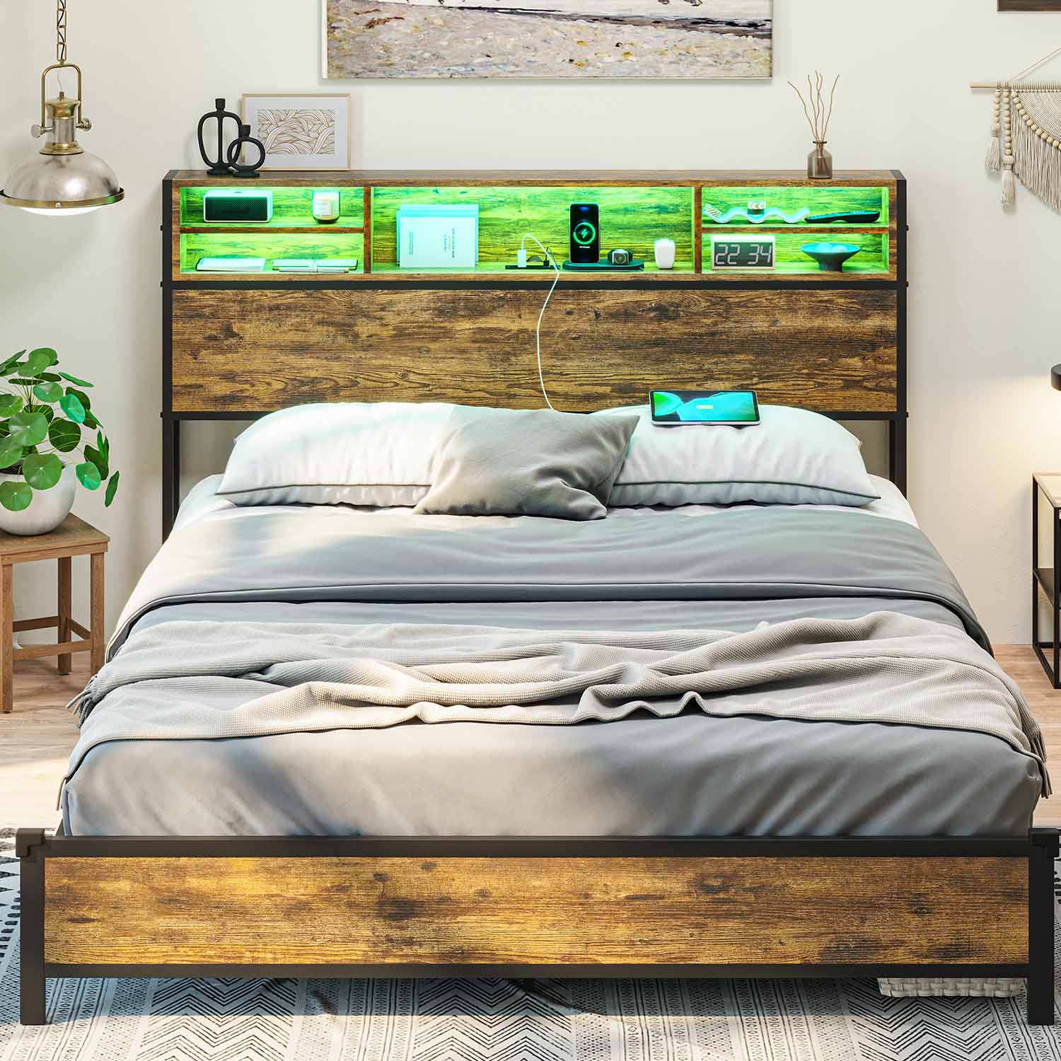 Sikaic Bed Frame Metal Platform LED Bed Frame with Outlets and USB Ports No Box Spring Needed Brown