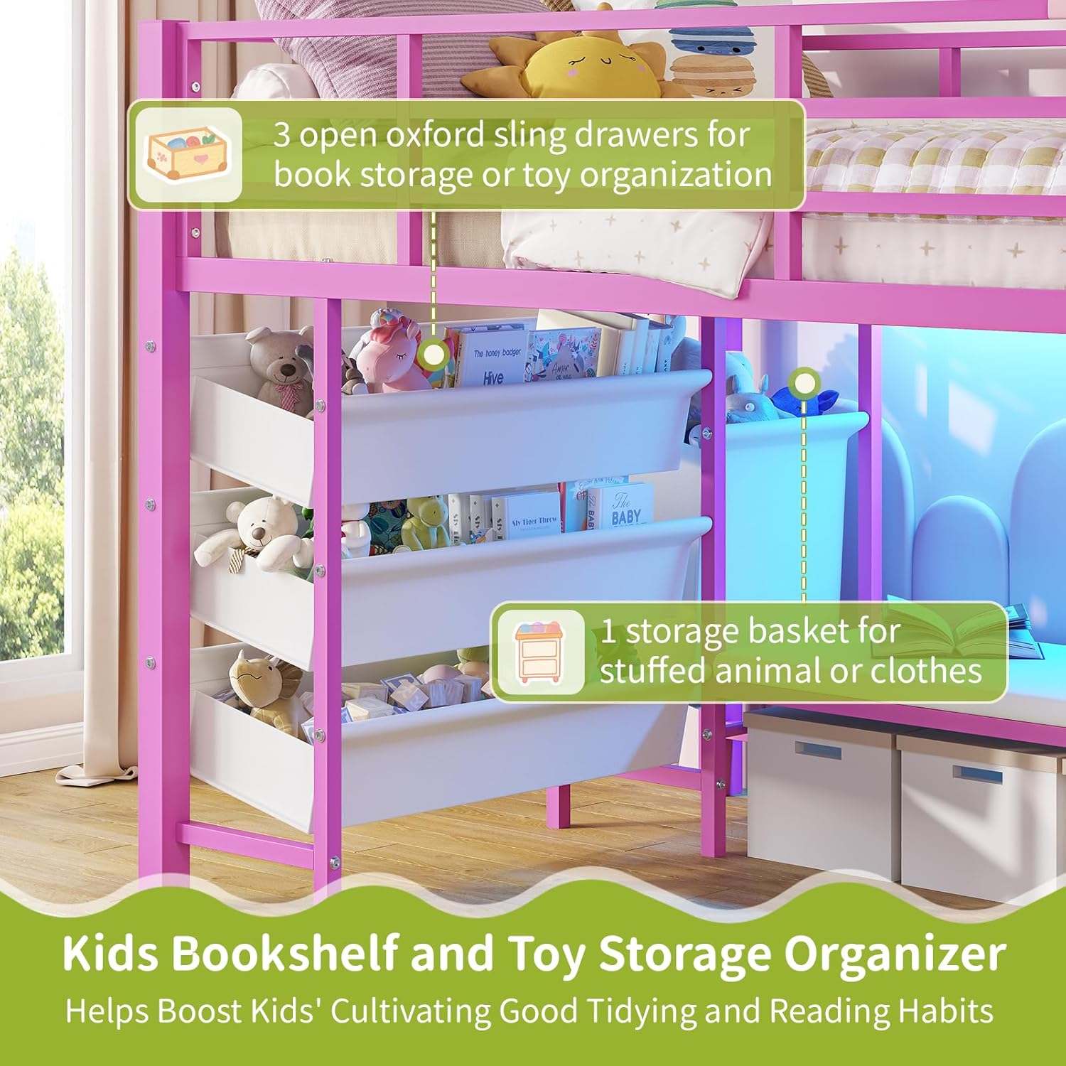 Sikaic Loft Bed Frame Low Loft Bed Twin Size with Reading Corner and Storage Basket Pink Pink / Metal / Modern