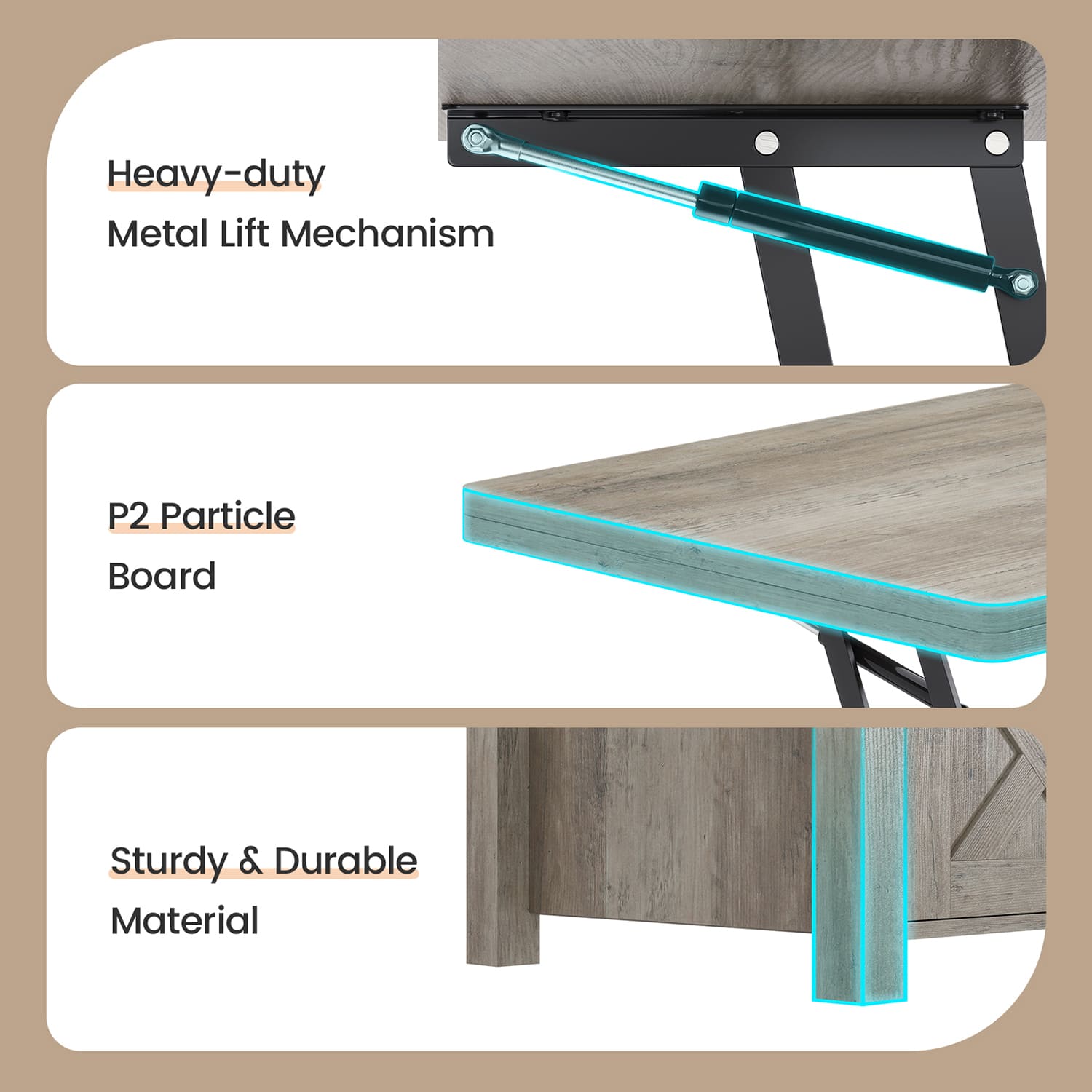 Sikaic Coffee Table 4 in 1 Multi-Function Lift Top Coffee Tables Converts to Dining Table Grey