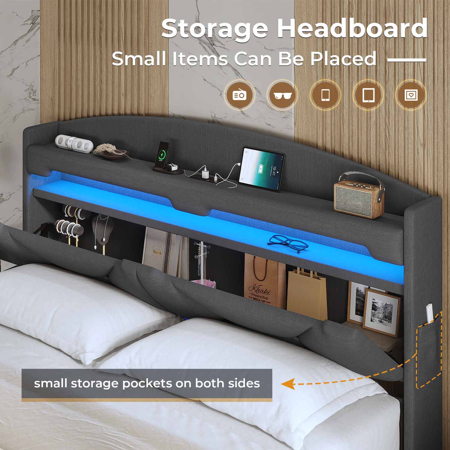 Sikaic Bed Frame LED Floating Bed Frame with Charging Station Hidden Storage Dark Grey