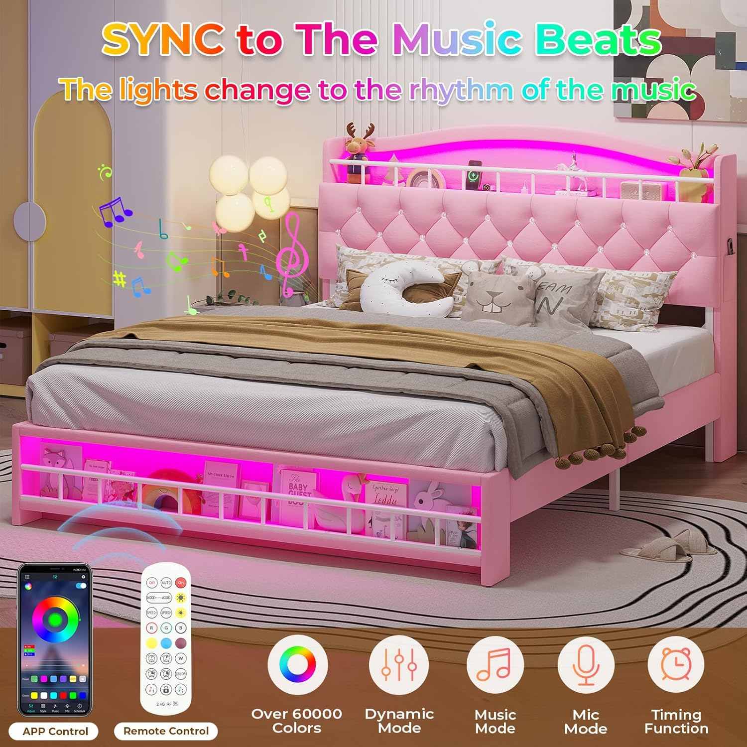 Sikaic Bed Frame Full Princess Velvet Upholstered LED Bed Frame Pink Pink / Full / Engineered Wood