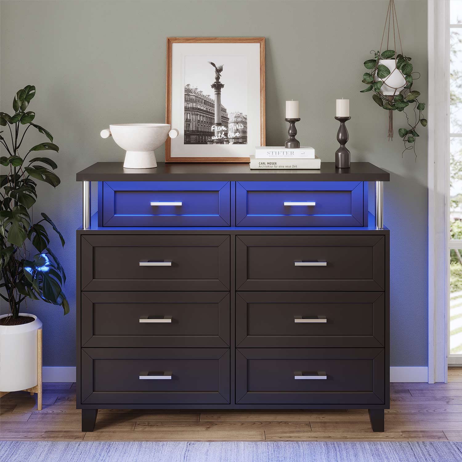 Sikaic Dresser 8 Drawers Dresser with Column Design & Led Lights Black