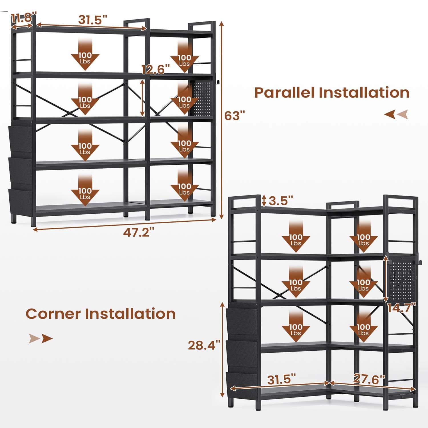 Sikaic Bookshelf 55 Inches Convertible Corner 5-Tier Tall Bookshelf with Pegboard Storage Bag & LED Light for Bedroom Black