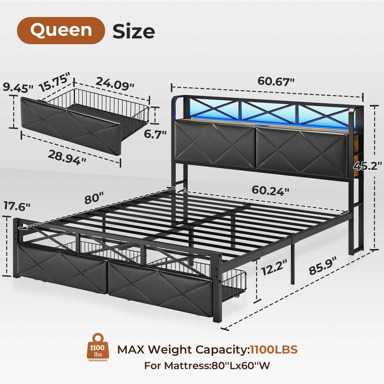 Sikaic Bed Frame LED Metal Bed Frame Storage Headboard with Charging Station Black