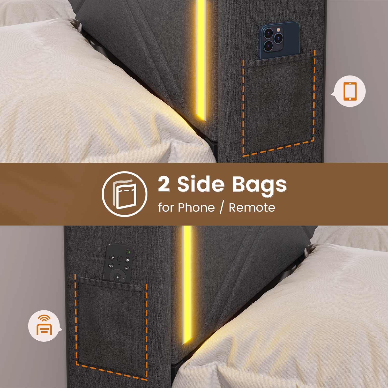 Sikaic Bed Frame PU Leather LED Bed Frame with Charging Station Storage Headboard Grey